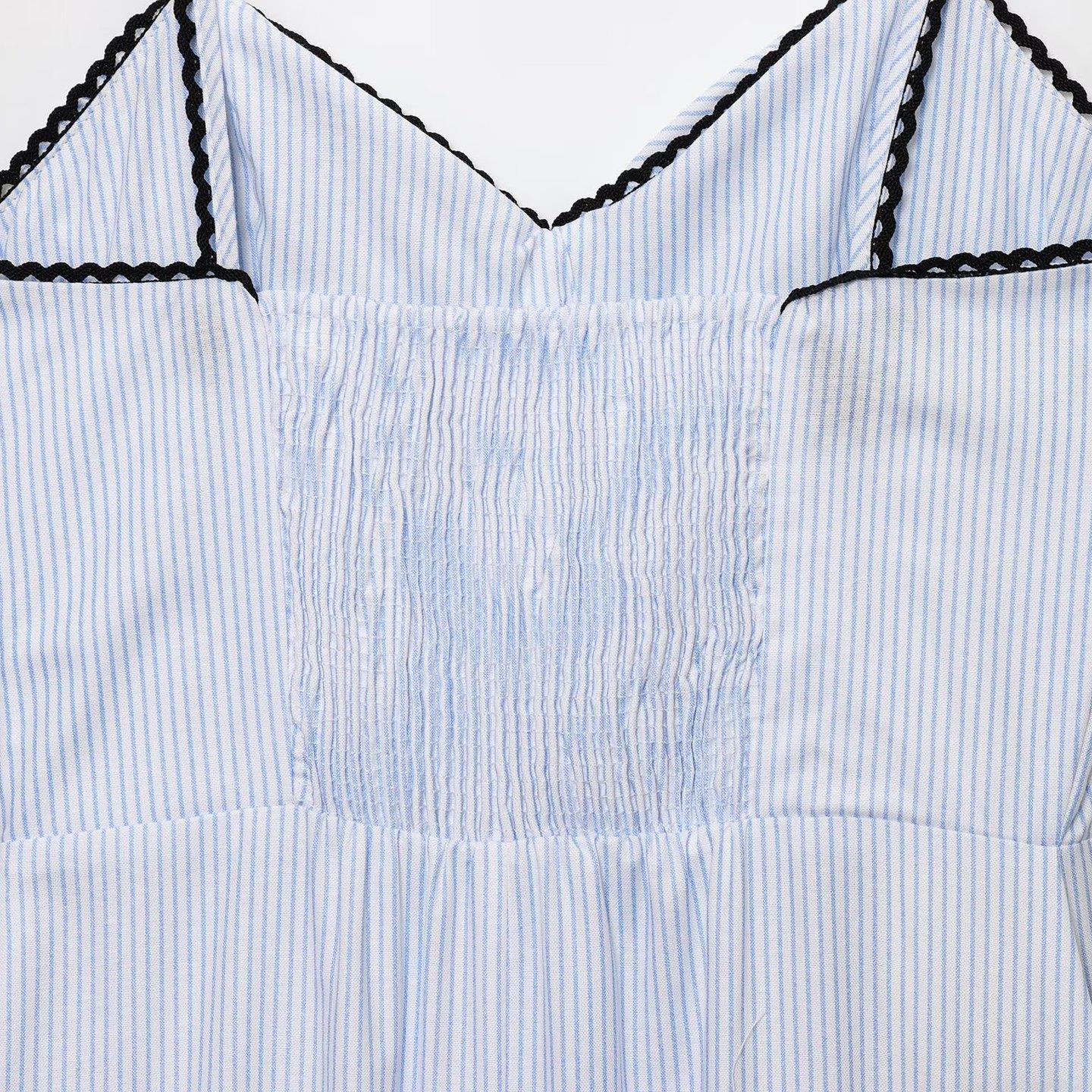Women\'s Summer Light Blue White Striped Midi Dress Sleeveless Camisole A-Line Ruffle Tiered Sundress With Black Lace Trim For Casual Vacation
