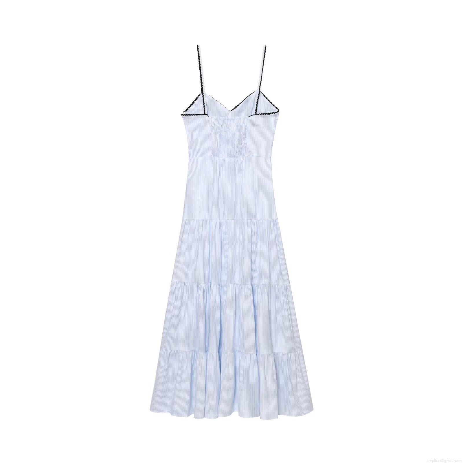 Women\'s Summer Light Blue White Striped Midi Dress Sleeveless Camisole A-Line Ruffle Tiered Sundress With Black Lace Trim For Casual Vacation