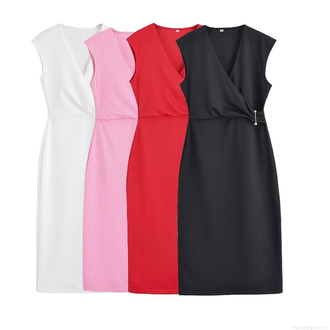 Women's Sexy V Neck Sleeveless Midi Dress Polyester Spandex Elegant Pleated High Waist Slim Fit Dress With Gold Metal Pin Decoration Summer Casual Party Dress Women's Sexy V Neck Sleeveless Midi Dress Polyester Spandex Elegant Pleated High Waist Slim Fit Dress With Gold Metal Pin Decoration Summer Casual Party Dress