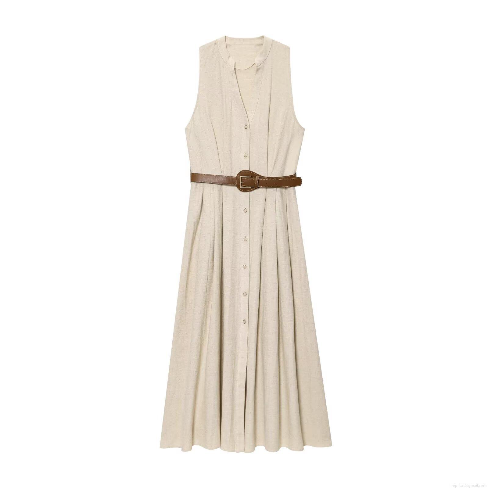 Women's Summer Minimalist Sleeveless V Neck Button Up Midi Dress With Belt Casual Polyester Cotton A-Line Tank Dress Women's Summer Minimalist Sleeveless V Neck Button Up Midi Dress With Belt Casual Polyester Cotton A-Line Tank Dress