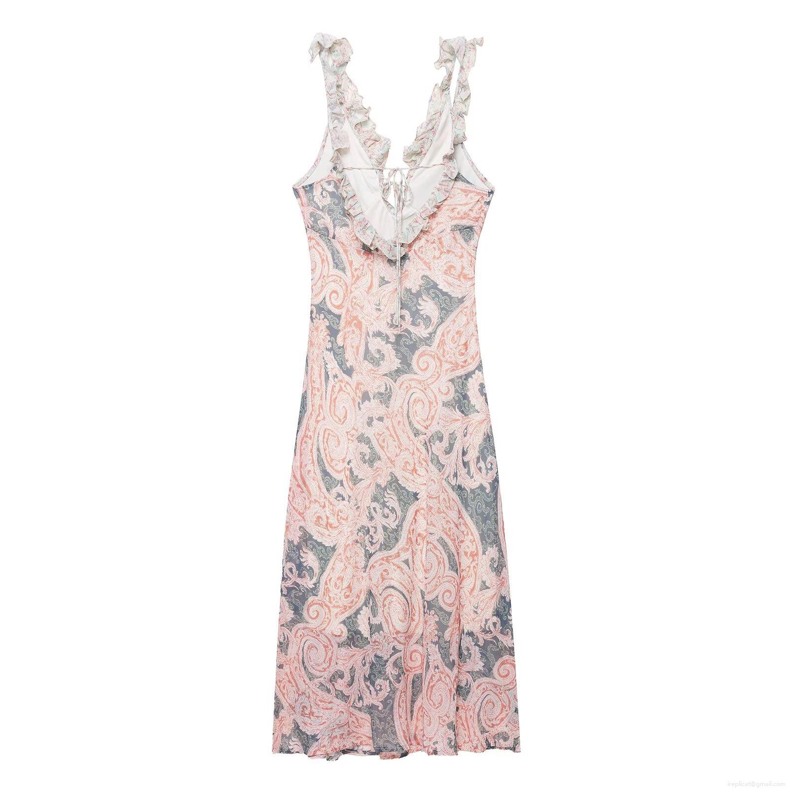 Women Sexy Backless Paisley Print Midi Dress Ruffle Strap V-Neck Tie Front Polyester Summer Vacation Slim Fit Party Sundress