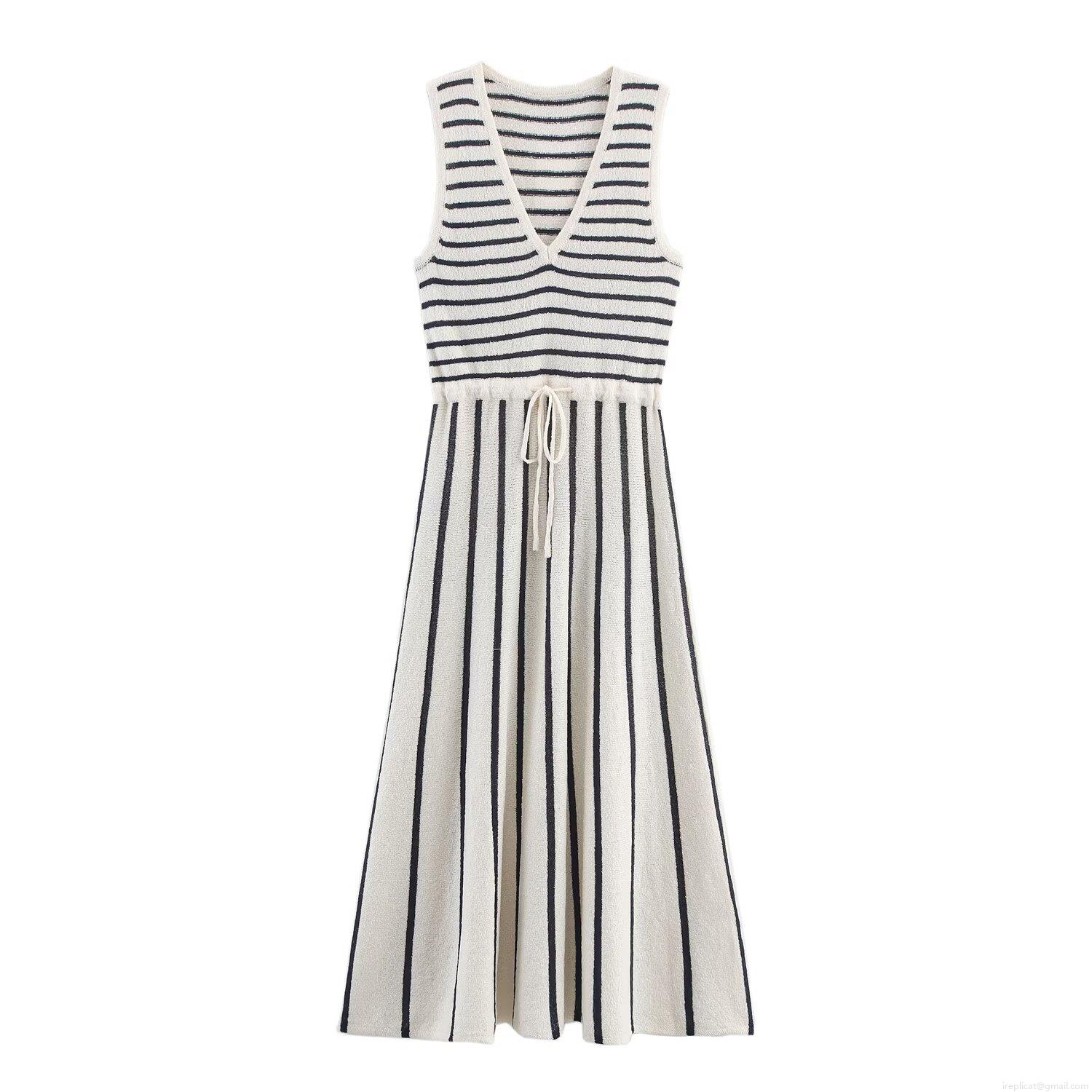 Women Striped Knit Midi Dress Sleeveless V-Neck Splicing Drawstring Waist Polyester Spandex Casual Summer Sundress Elegant Slim Fit Sleeveless Stripe Knitted Gown Women Striped Knit Midi Dress Sleeveless V-Neck Splicing Drawstring Waist Polyester Spandex Casual Summer Sundress Elegant Slim Fit Sleeveless Stripe Knitted Gown