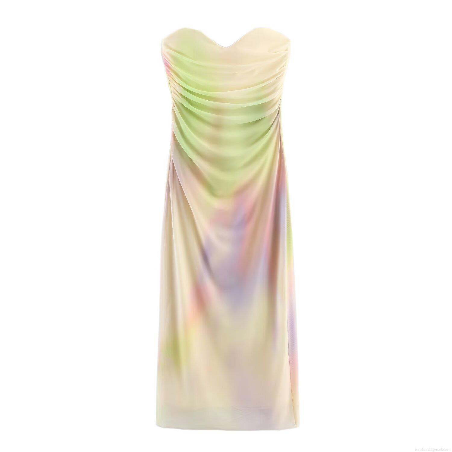Women's Sexy Bandeau Mesh Ruched Midi Dress Summer Gradient Tie Dye Slim Fit Bodycon Strapless Dress For Party Vacation