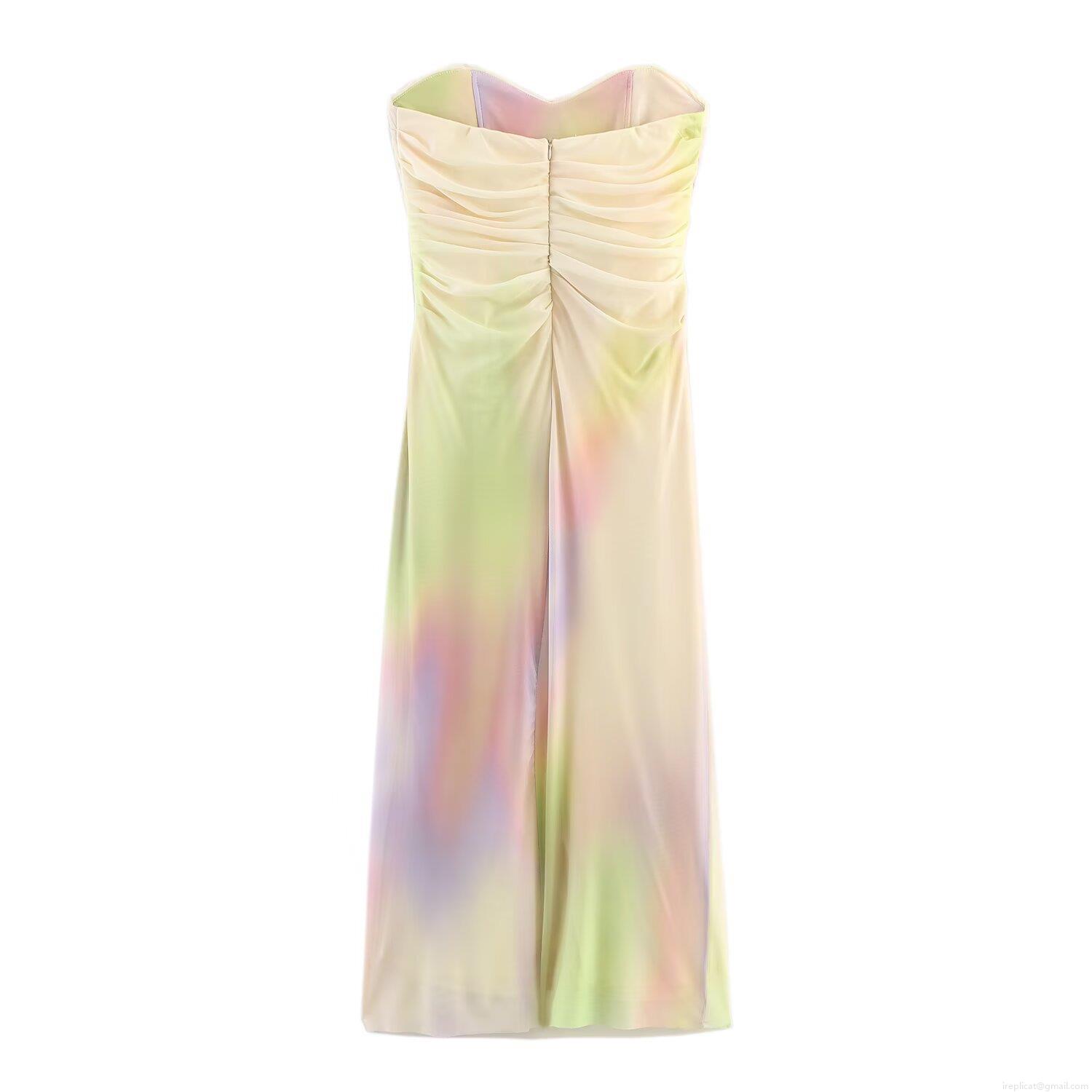 Women\'s Sexy Bandeau Mesh Ruched Midi Dress Summer Gradient Tie Dye Slim Fit Bodycon Strapless Dress For Party Vacation