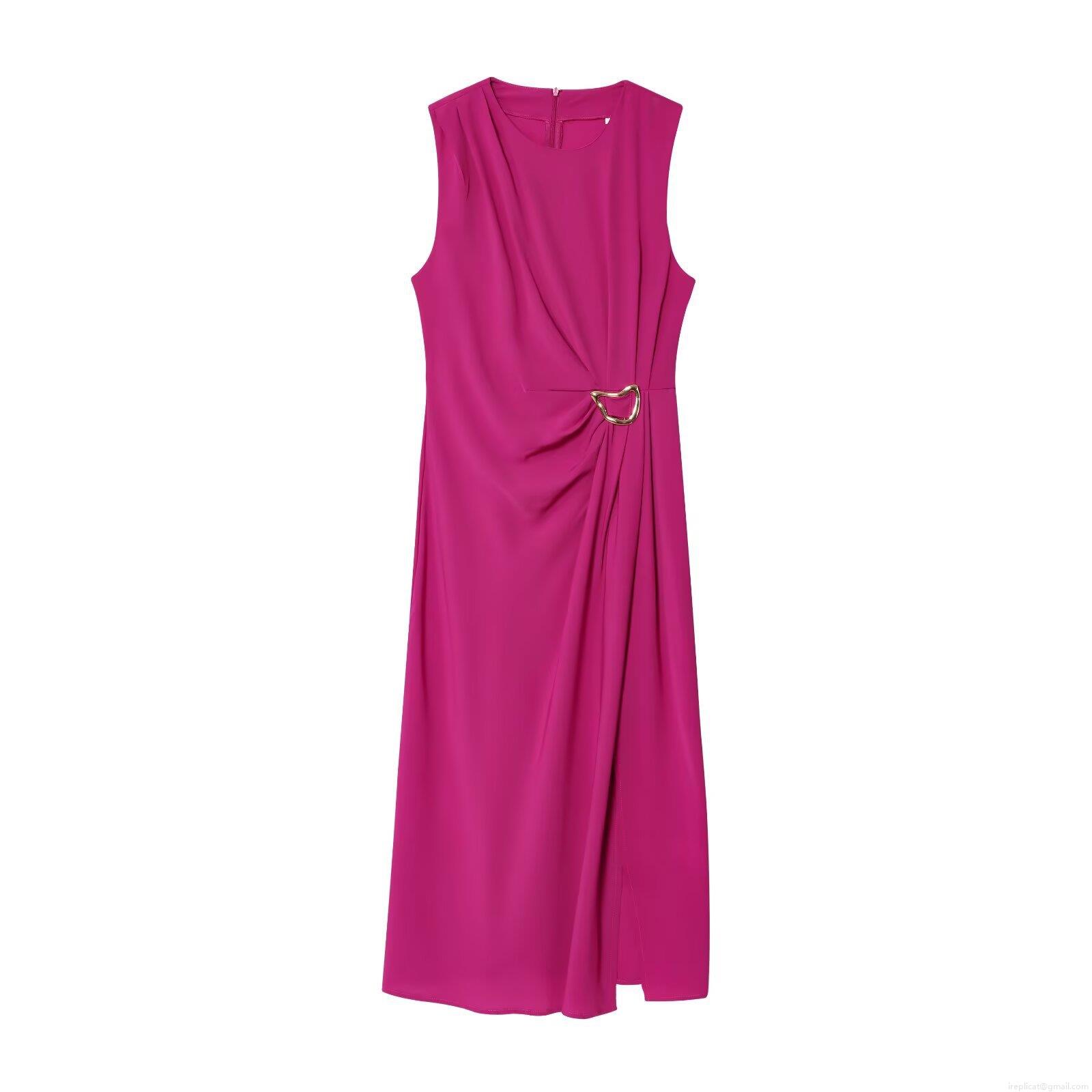 Women's Elegant Rose Red Sleeveless Midi Dress With Metal Buckle Pleated Side Split Slim Fit Polyester Pullover Dress for Summer Office Party Women's Elegant Rose Red Sleeveless Midi Dress With Metal Buckle Pleated Side Split Slim Fit Polyester Pullover Dress for Summer Office Party