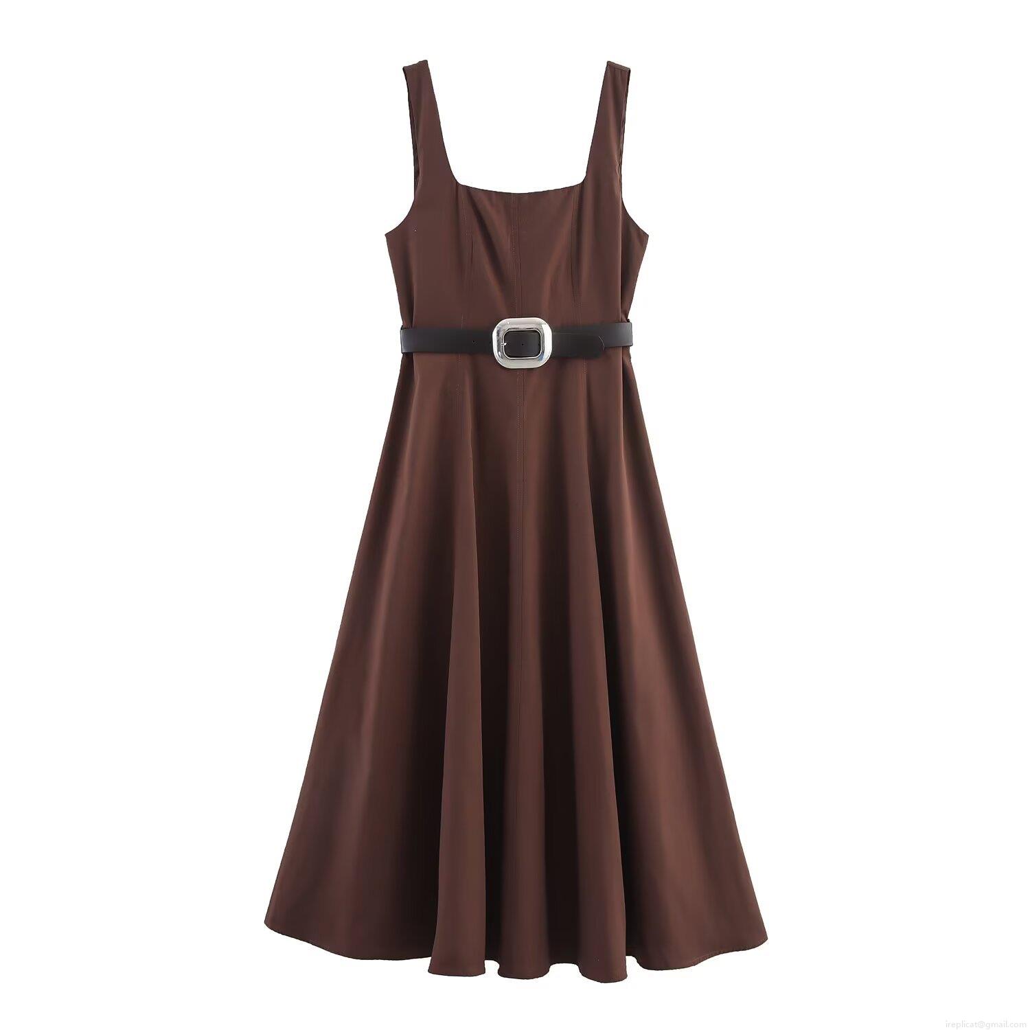 Women's Square Neck Sleeveless Midi Dress With Belt Solid Color A-Line Polyester Cotton Blend Casual Summer Dress For Ladies Elegant Work Daily Outfits Women's Square Neck Sleeveless Midi Dress With Belt Solid Color A-Line Polyester Cotton Blend Casual Summer Dress For Ladies Elegant Work Daily Outfits