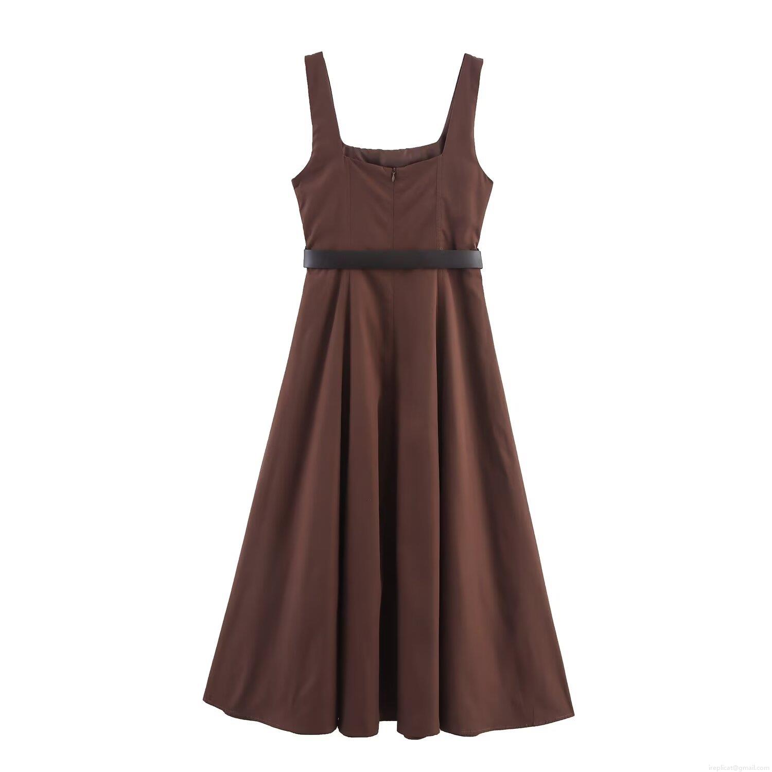 Women\'s Square Neck Sleeveless Midi Dress With Belt Solid Color A-Line Polyester Cotton Blend Casual Summer Dress For Ladies Elegant Work Daily Outfits
