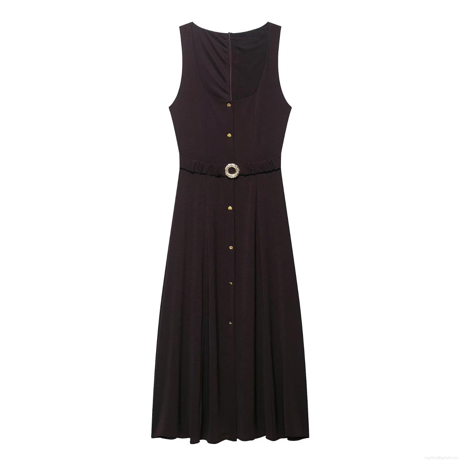 Women's Elegant Sleeveless Square Neck Midi Dress With Belt Single Breasted Button Decoration Polyester Slim Fit A-Line Dress For Office Party Daily Wear Women's Elegant Sleeveless Square Neck Midi Dress With Belt Single Breasted Button Decoration Polyester Slim Fit A-Line Dress For Office Party Daily Wear