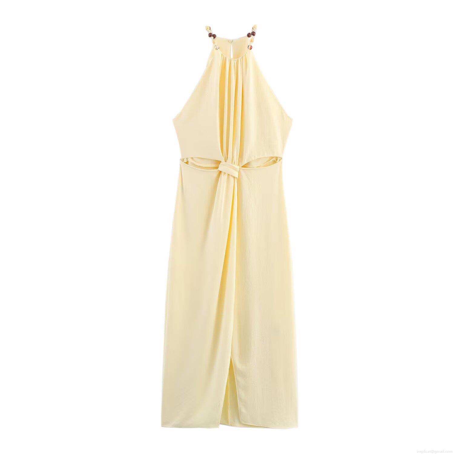 Women's Summer Halter Neck Midi Dress Sexy Cutout Waist Beaded Strap Elegant Solid Color Light Yellow Polyester Spandex Sleeveless Bodycon Slit Dress For Beach Party Vacation Women's Summer Halter Neck Midi Dress Sexy Cutout Waist Beaded Strap Elegant Solid Color Light Yellow Polyester Spandex Sleeveless Bodycon Slit Dress For Beach Party Vacation