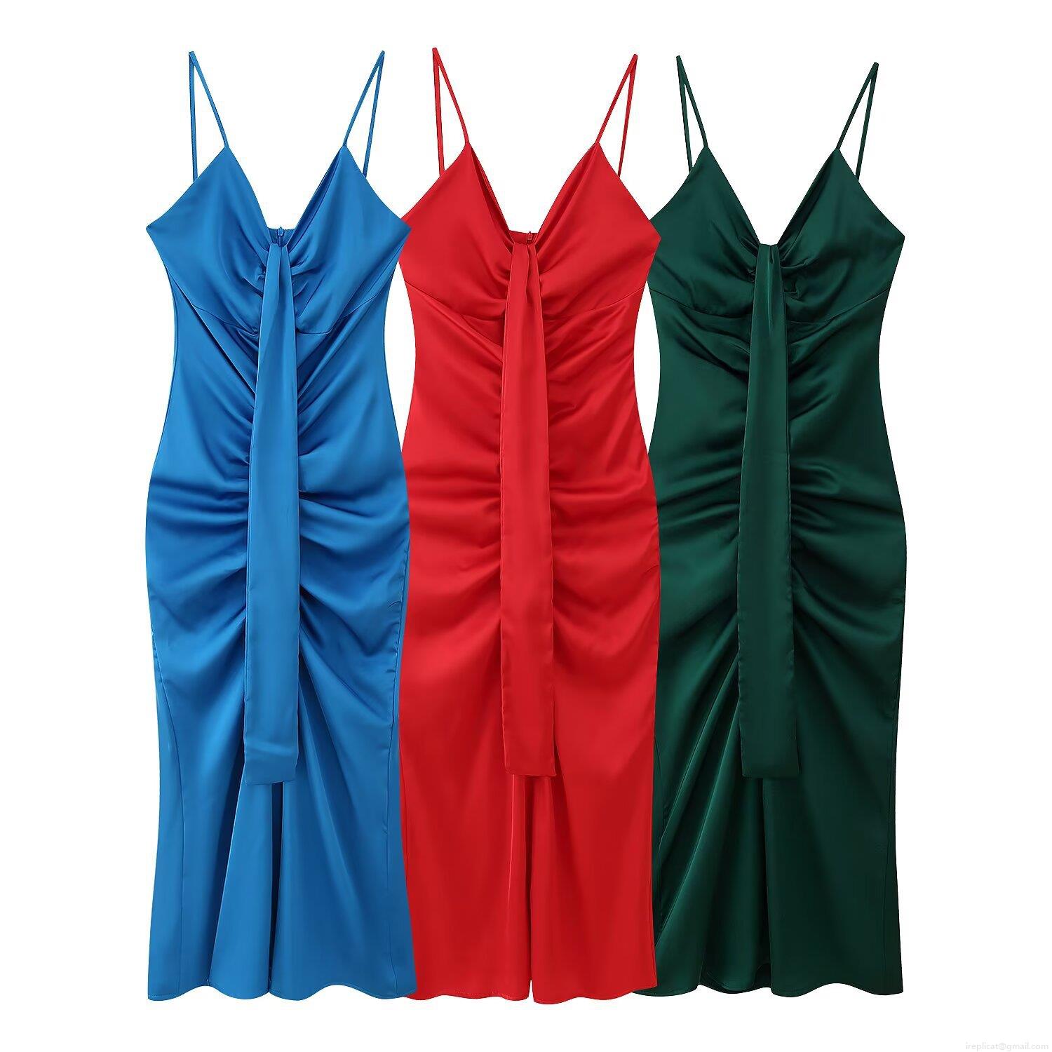 Sexy Backless V Neck Ruched Satin Cami Dress For Women Elegant Slim Fit Polyester Spandex Midi Evening Party Club Dress Summer Sexy Backless V Neck Ruched Satin Cami Dress For Women Elegant Slim Fit Polyester Spandex Midi Evening Party Club Dress Summer