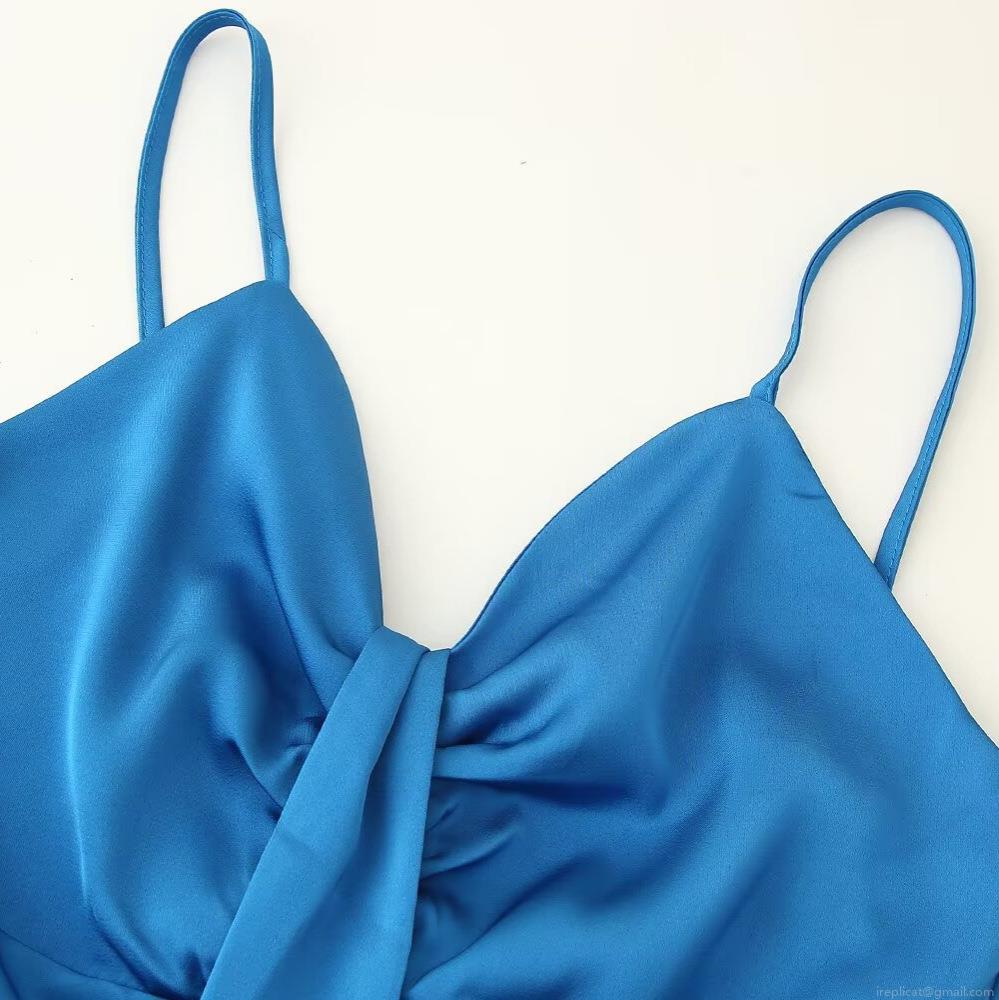 Sexy Backless V Neck Ruched Satin Cami Dress For Women Elegant Slim Fit Polyester Spandex Midi Evening Party Club Dress Summer