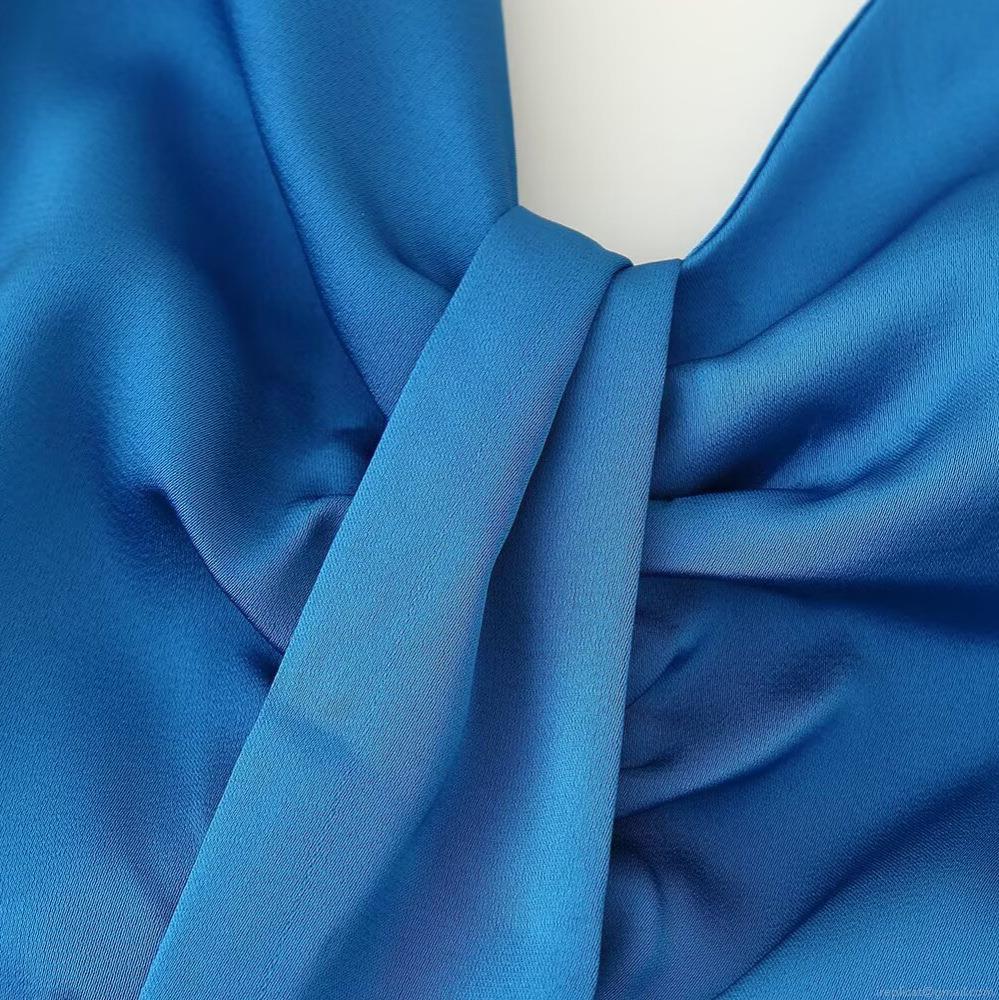 Sexy Backless V Neck Ruched Satin Cami Dress For Women Elegant Slim Fit Polyester Spandex Midi Evening Party Club Dress Summer