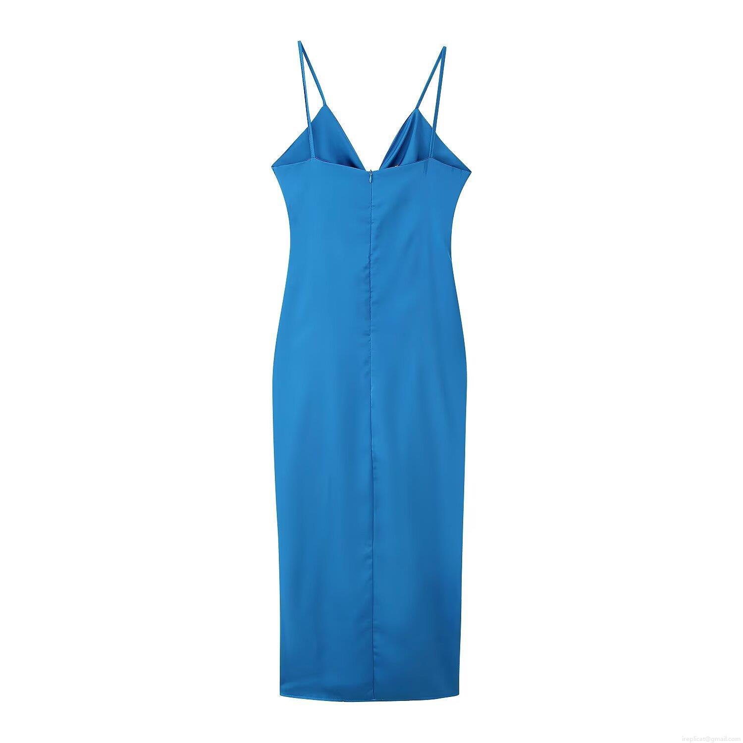 Sexy Backless V Neck Ruched Satin Cami Dress For Women Elegant Slim Fit Polyester Spandex Midi Evening Party Club Dress Summer