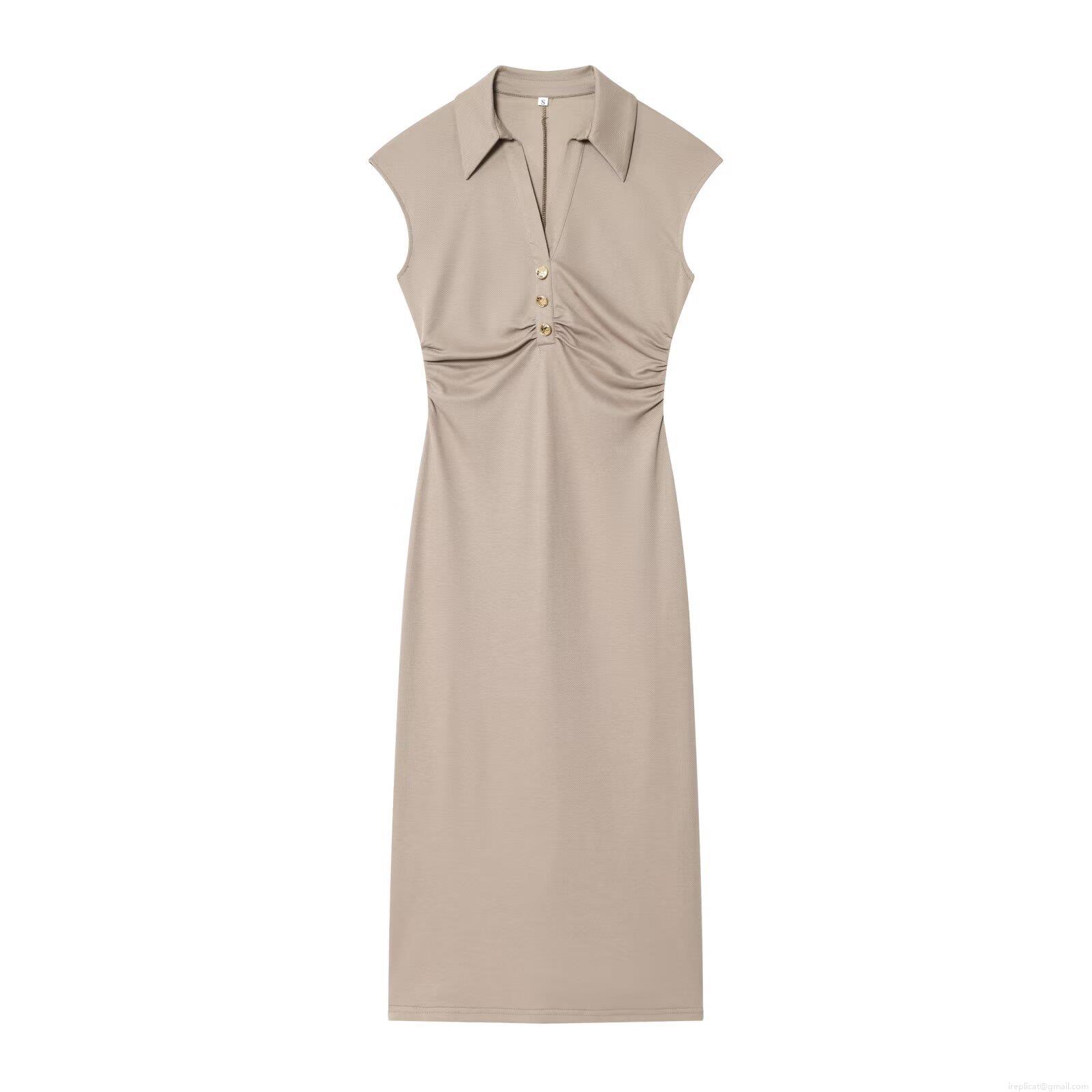 Women's Sleeveless Knitted Midi Dress Polo Collar V-Neck Slim Fit A-Line Dress with Gold Buttons Elegant Office Lady Casual Summer Solid Khaki Gown Women's Sleeveless Knitted Midi Dress Polo Collar V-Neck Slim Fit A-Line Dress with Gold Buttons Elegant Office Lady Casual Summer Solid Khaki Gown