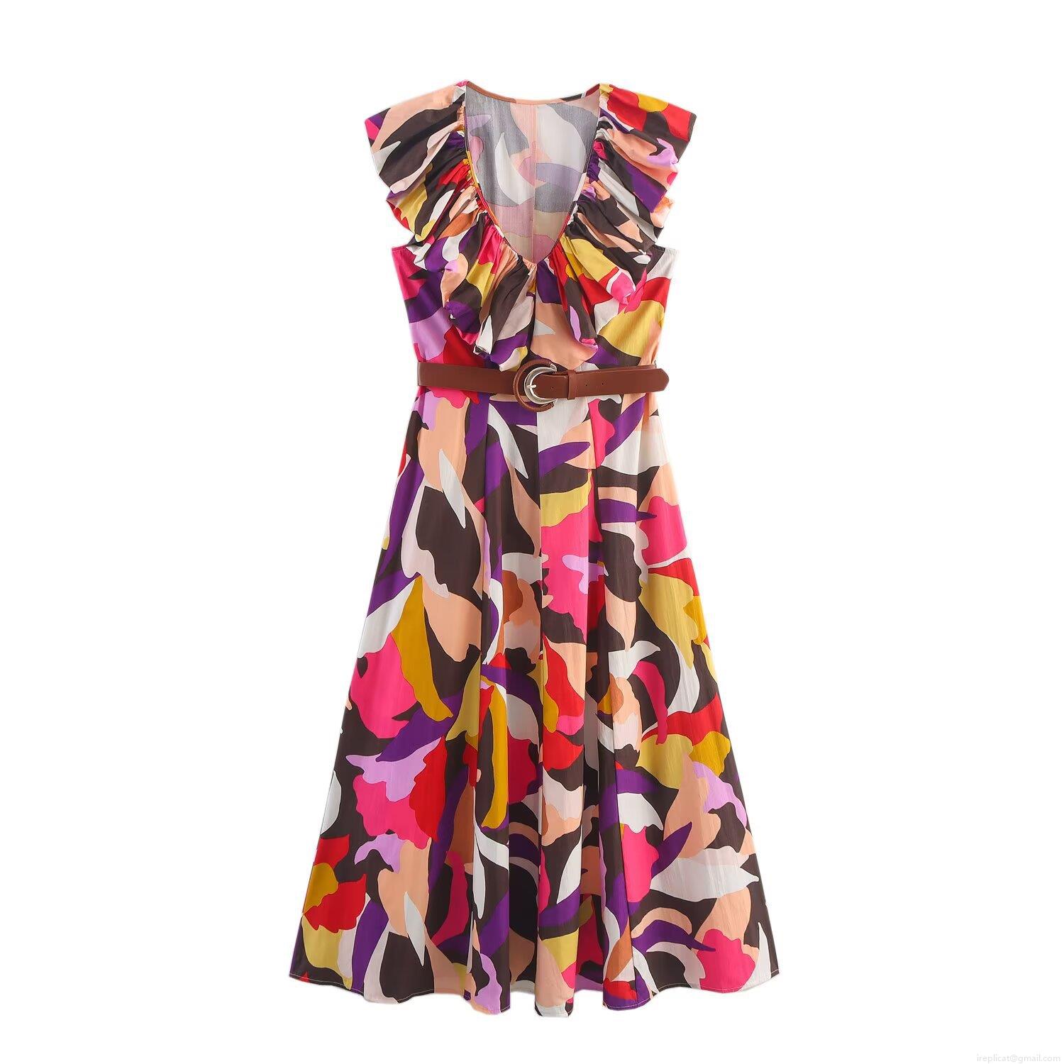 Women's Elegant Abstract Print Midi Dress Sleeveless V-Neck Ruffle Shoulder With Brown Belt Summer Poplin A-Line Casual Party Dress Women's Elegant Abstract Print Midi Dress Sleeveless V-Neck Ruffle Shoulder With Brown Belt Summer Poplin A-Line Casual Party Dress