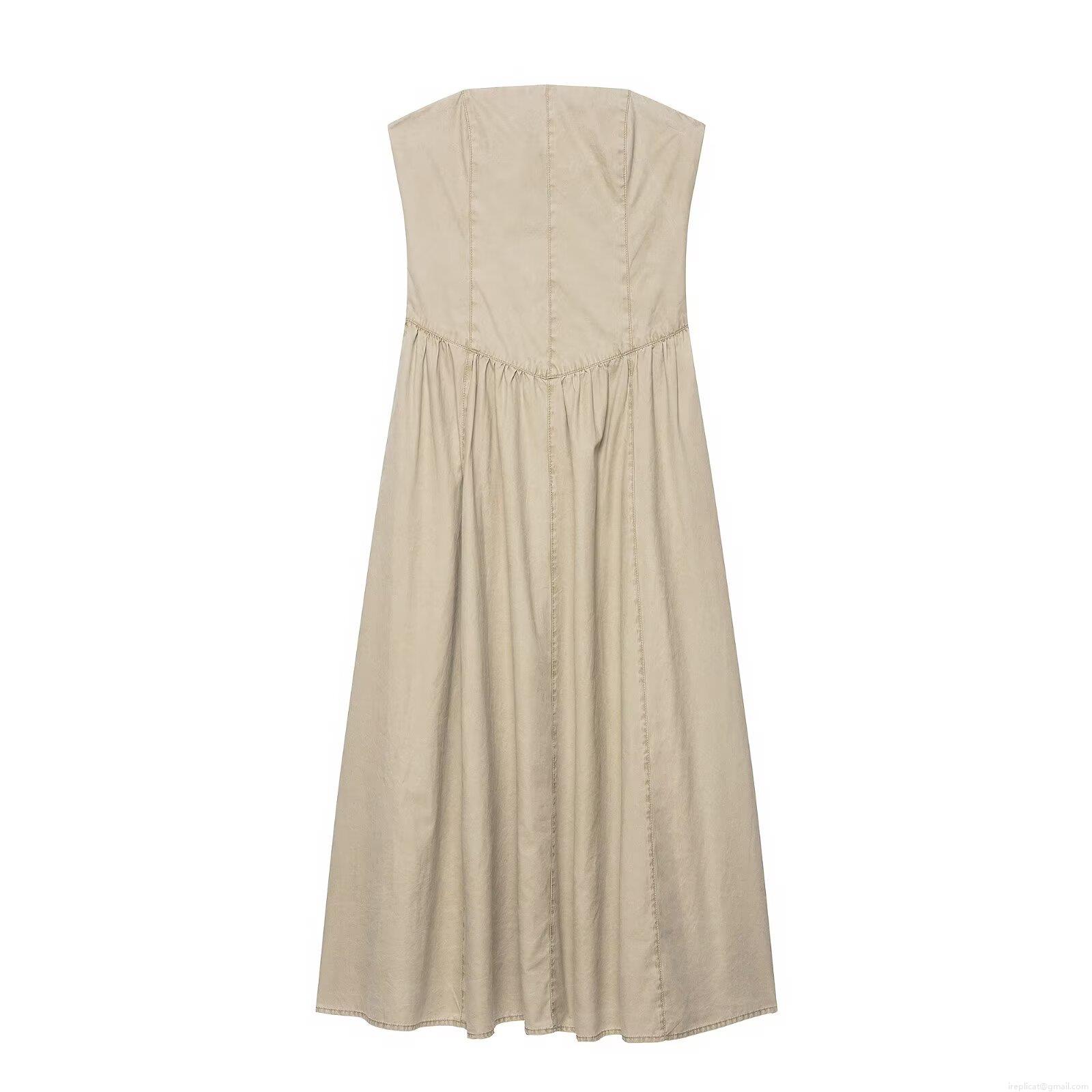Women Sexy Khaki Strapless Midi Dress Polyester Spandex Blend Backless Zipper A-Line Pleated Stitching Elegant Party Evening Dress For Ladies Women Sexy Khaki Strapless Midi Dress Polyester Spandex Blend Backless Zipper A-Line Pleated Stitching Elegant Party Evening Dress For Ladies