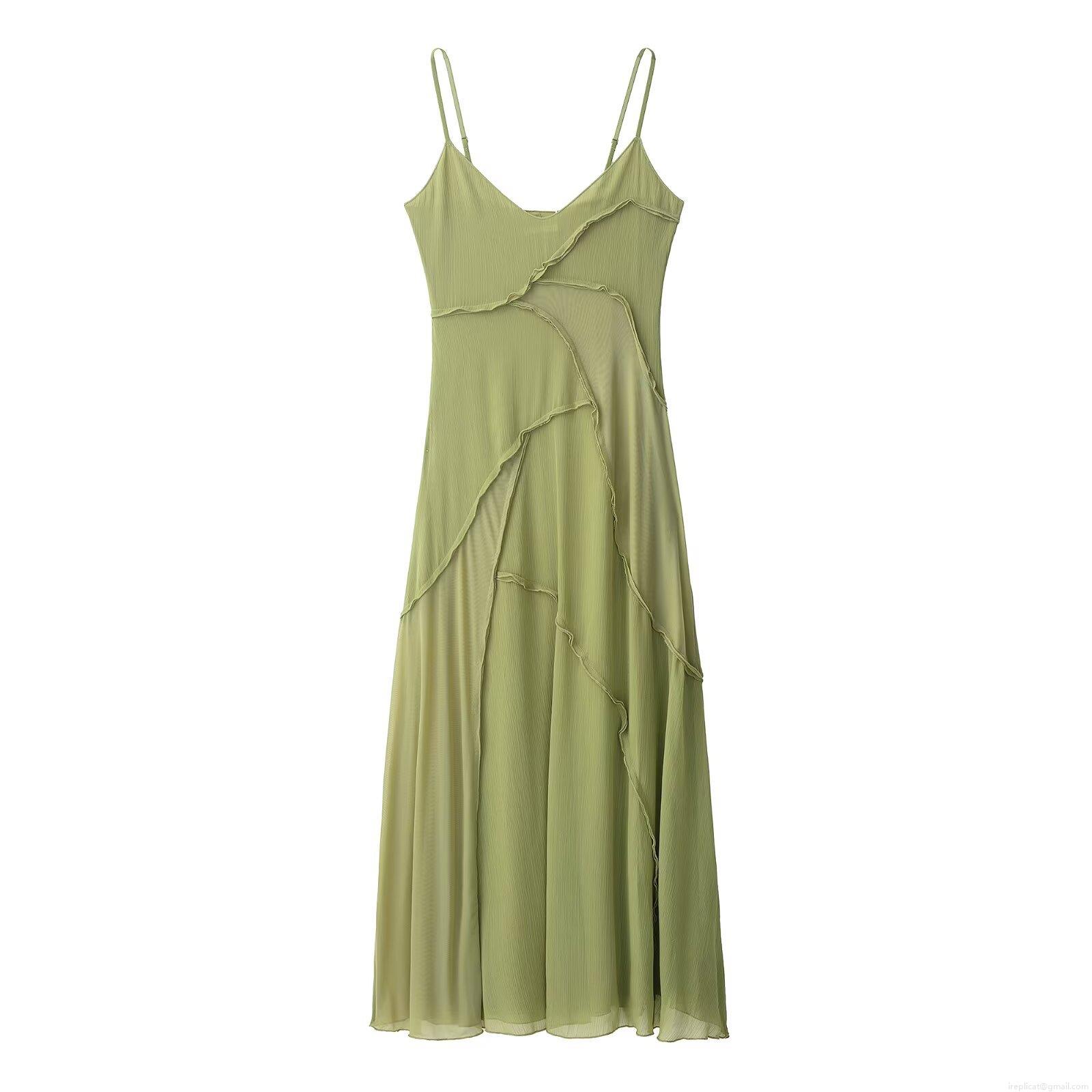 Women's Sexy Grass Green Patchwork Camisole Midi Dress Mesh Chiffon Ruffle V-Neck Sleeveless Sling Dress For Party Club Vacation Summer Women's Sexy Grass Green Patchwork Camisole Midi Dress Mesh Chiffon Ruffle V-Neck Sleeveless Sling Dress For Party Club Vacation Summer