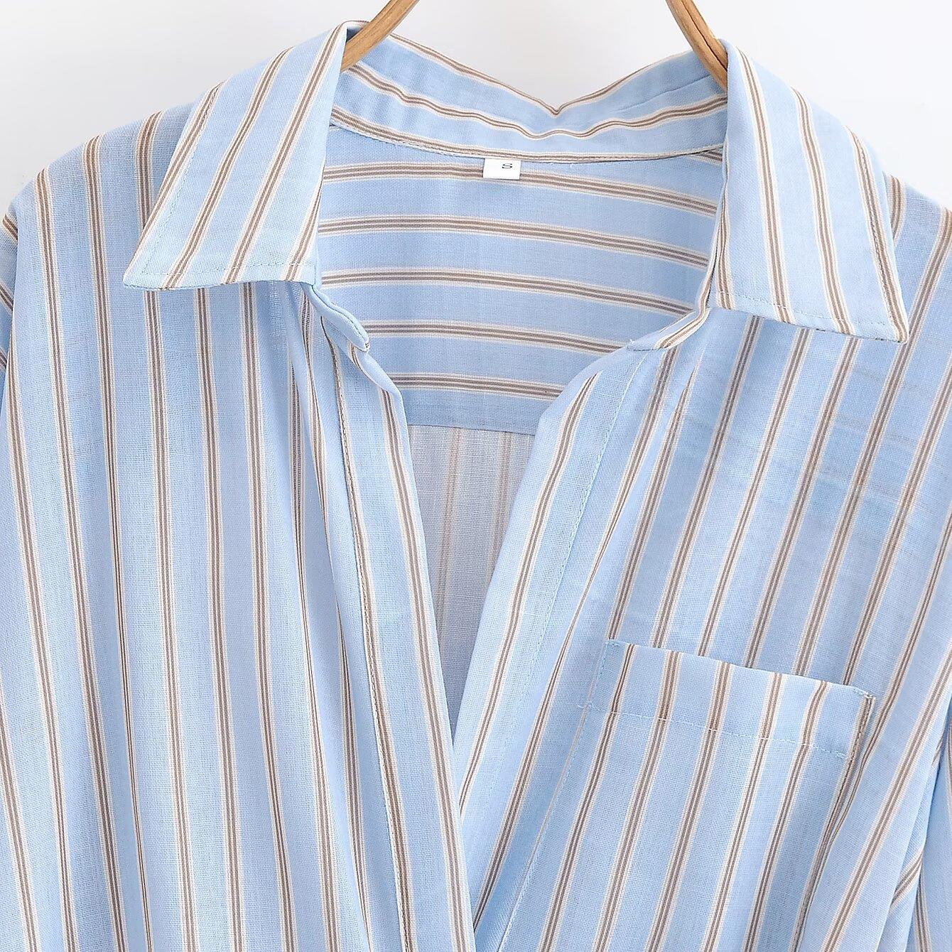 Women\'s Fashion Striped Shirt Dress Elegant Lapel Long Sleeve Midi A-Line Dress With Waist Tie Casual Daily Polyester Dress