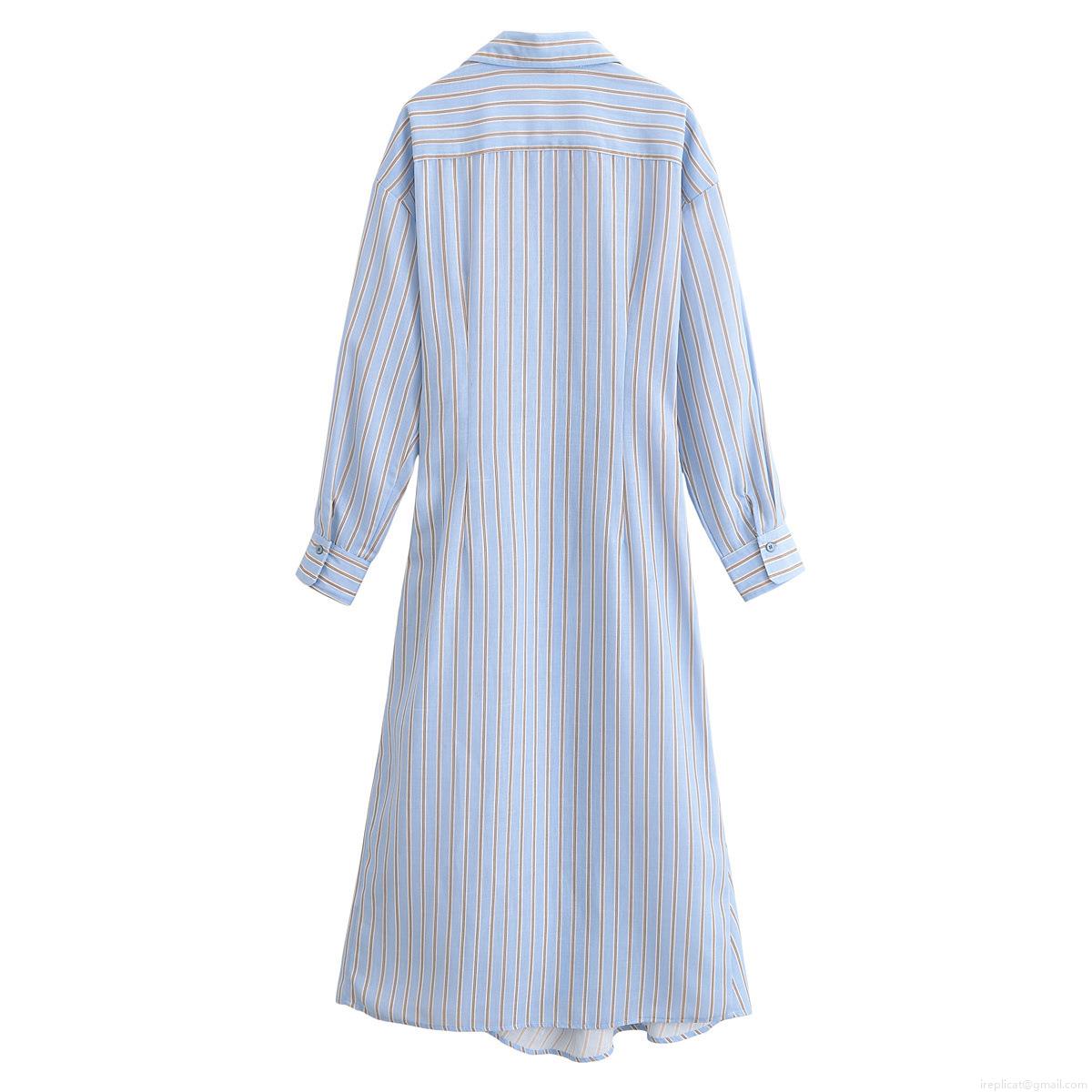Women\'s Fashion Striped Shirt Dress Elegant Lapel Long Sleeve Midi A-Line Dress With Waist Tie Casual Daily Polyester Dress