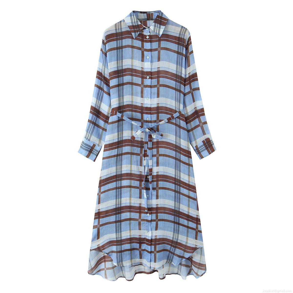 Women Plaid Ramie Shirt Dress Casual Long Sleeve Midi Dress With Belt Irregular Hem Fashion Summer Holiday Gown For Ladies Women Plaid Ramie Shirt Dress Casual Long Sleeve Midi Dress With Belt Irregular Hem Fashion Summer Holiday Gown For Ladies