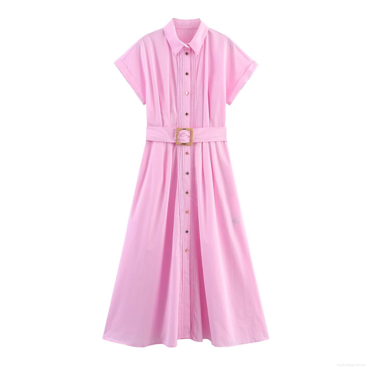 Women Elegant Pink Cotton Poplin Midi Dress Short Sleeve Lapel Shirt Dress with Belt and Front Pin-tuck Detail Summer Casual Office Lady A-Line Dress Women Elegant Pink Cotton Poplin Midi Dress Short Sleeve Lapel Shirt Dress with Belt and Front Pin-tuck Detail Summer Casual Office Lady A-Line Dress