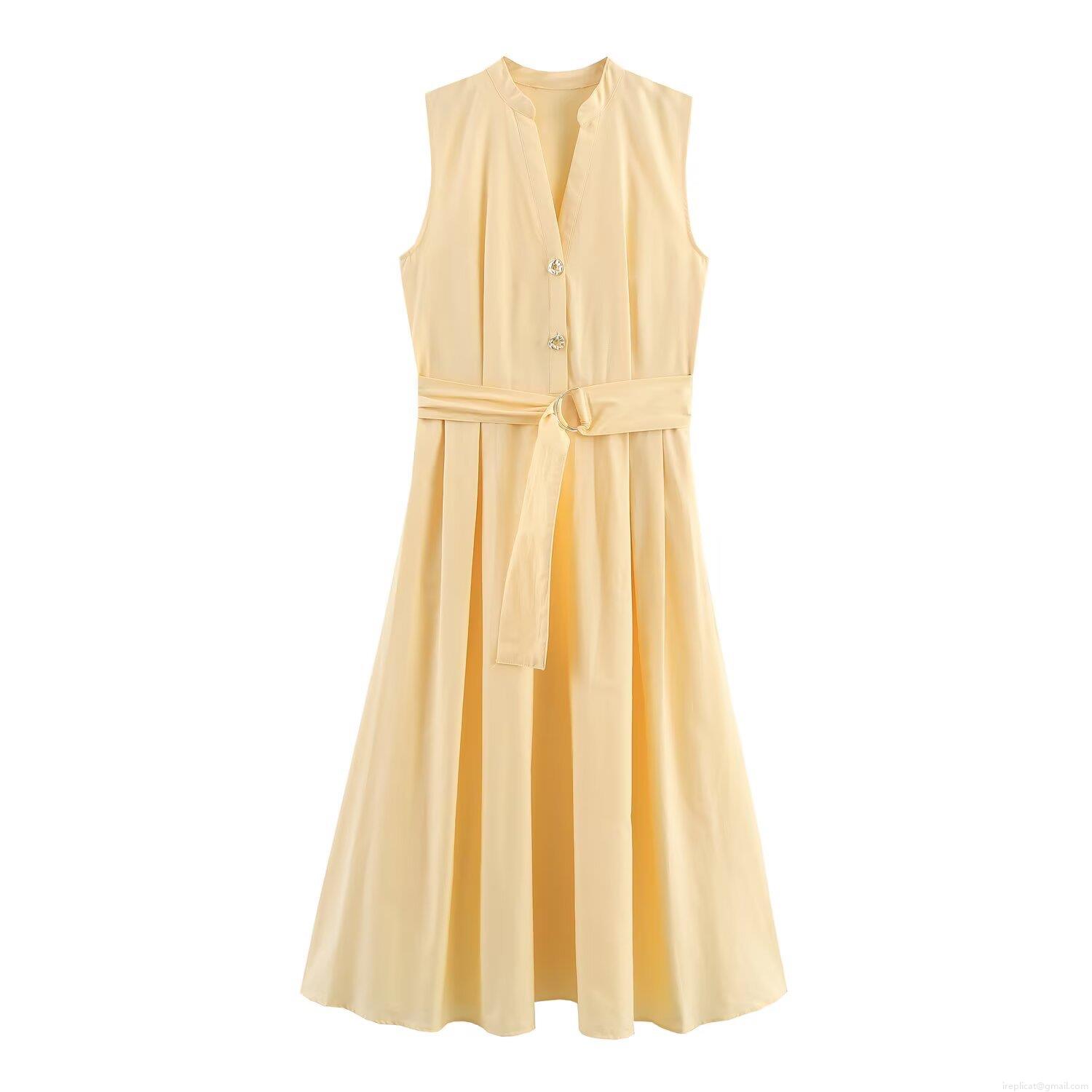 Women Sleeveless V Neck Button Down Pleated Midi Dress With Belt Solid Color Pale Yellow Poplin Polyester Elegant Casual Party Summer Autumn Dress Women Sleeveless V Neck Button Down Pleated Midi Dress With Belt Solid Color Pale Yellow Poplin Polyester Elegant Casual Party Summer Autumn Dress