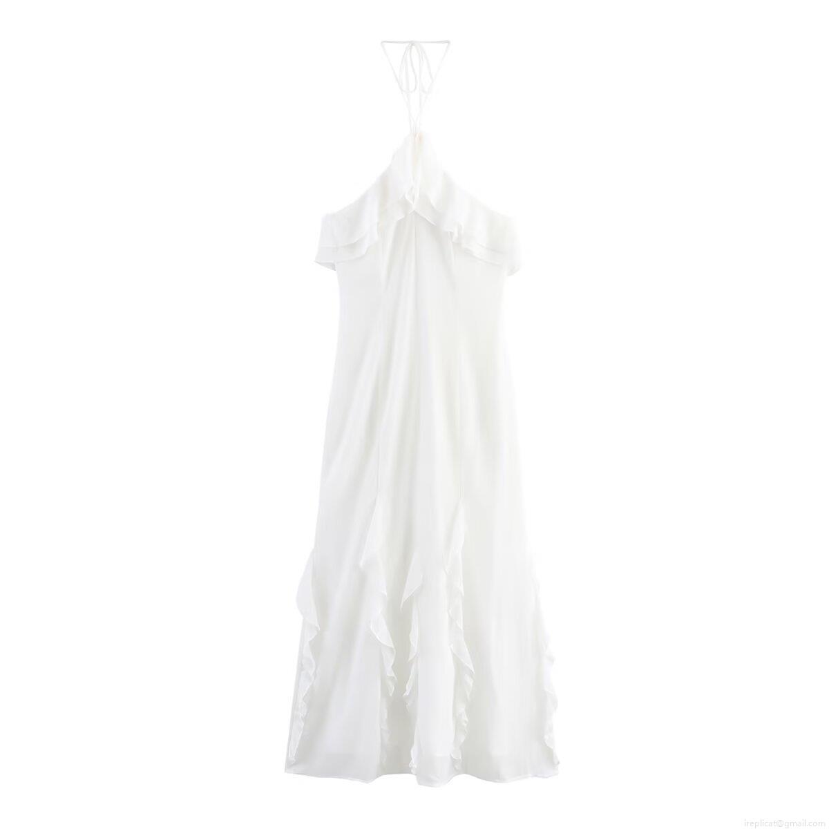 Women's Sexy Halter Backless Ruffle Chiffon Midi Dress Elegant Solid White Sleeveless A-Line Party Evening Wedding Guest Dress Women's Sexy Halter Backless Ruffle Chiffon Midi Dress Elegant Solid White Sleeveless A-Line Party Evening Wedding Guest Dress