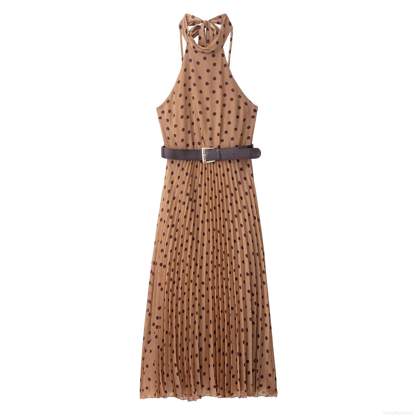 Women's Retro Halter Neck Polka Dot Pleated Midi Dress With Faux Leather Belt Chiffon Sleeveless A-Line Elegant Party Dress For Summer Autumn Women's Retro Halter Neck Polka Dot Pleated Midi Dress With Faux Leather Belt Chiffon Sleeveless A-Line Elegant Party Dress For Summer Autumn