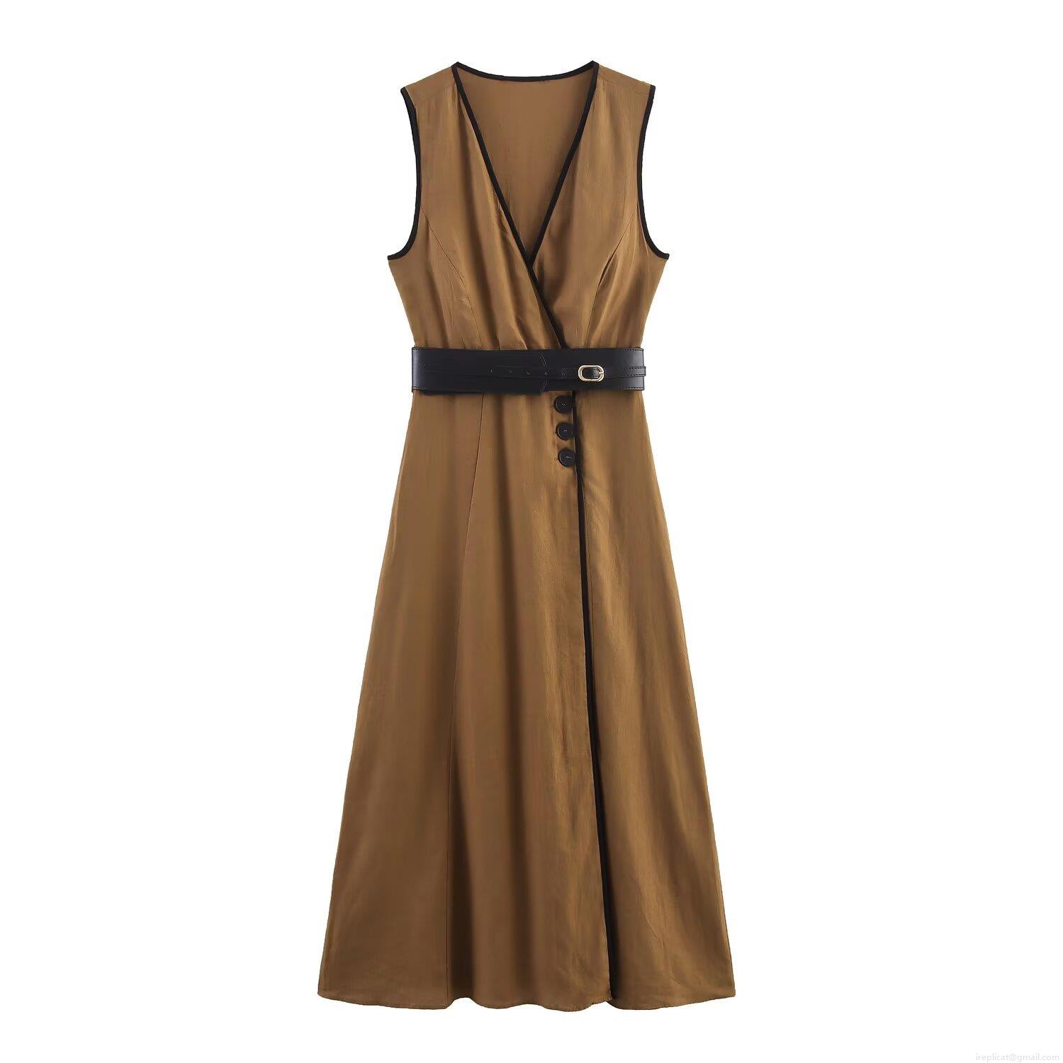 Women's Elegant Minimalist Linen Blend Midi Dress Sleeveless V-Neck Solid Color Dress with Belt and Side Button Detail for Daily Commuter Wear Women's Elegant Minimalist Linen Blend Midi Dress Sleeveless V-Neck Solid Color Dress with Belt and Side Button Detail for Daily Commuter Wear