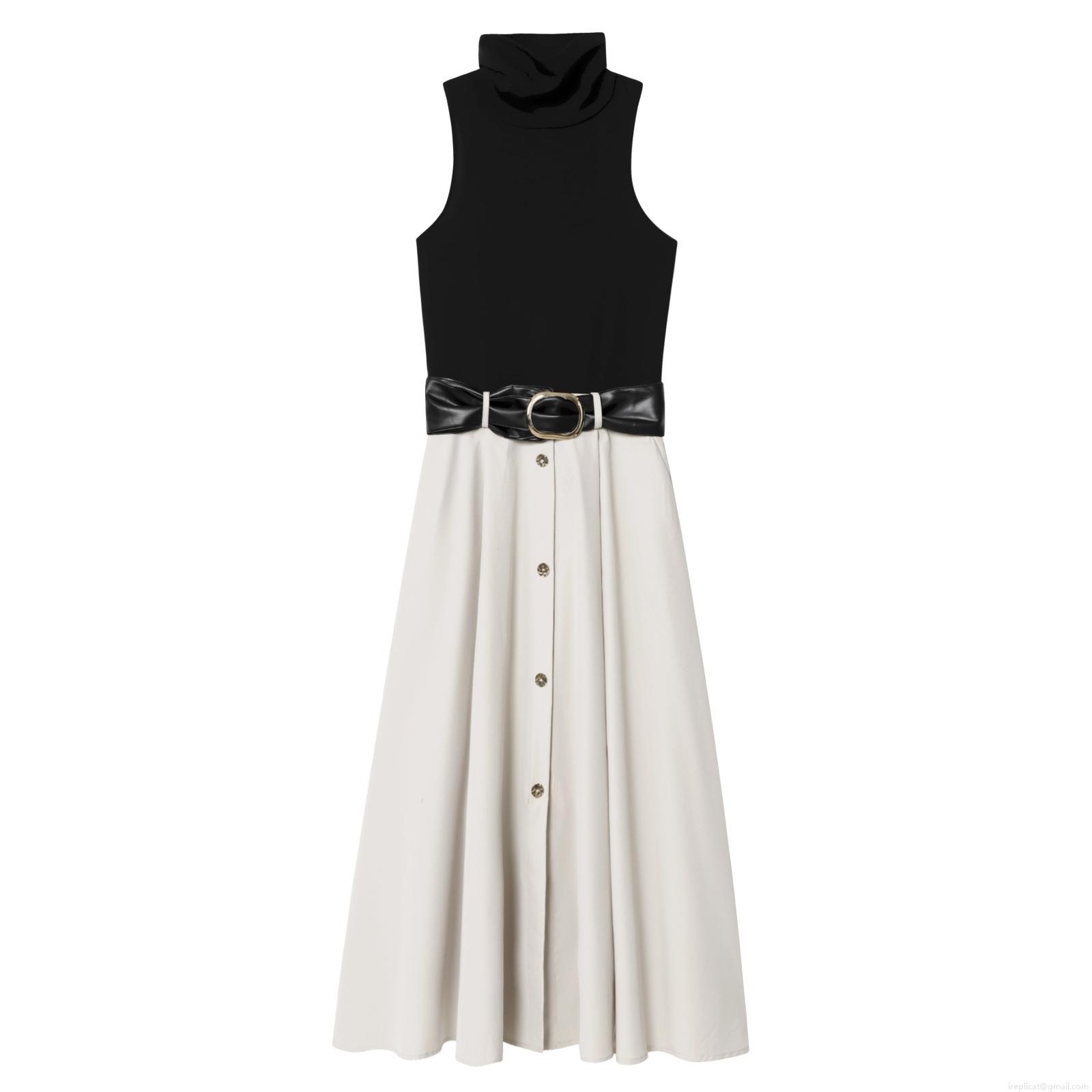 Women\'s Elegant Sleeveless Patchwork Midi Dress Mock Neck Contrast Color Knit Top A-Line Skirt With Belt Gold Buckle Office Party Lady Dress Women\'s Elegant Sleeveless Patchwork Midi Dress Mock Neck Contrast Color Knit Top A-Line Skirt With Belt Gold Buckle Office Party Lady Dress