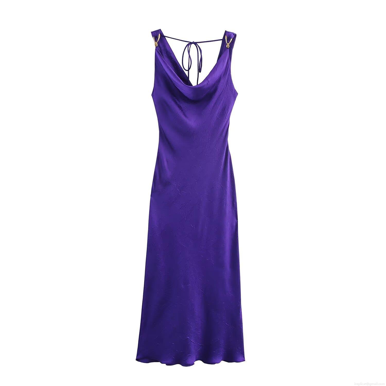 Sexy Backless Purple Satin Midi Dress With Gold Metal Rings Cowl Neck Crinkle Texture Sleeveless Slip Dress For Women Party Night Club Elegant Summer Evening Outfit Sexy Backless Purple Satin Midi Dress With Gold Metal Rings Cowl Neck Crinkle Texture Sleeveless Slip Dress For Women Party Night Club Elegant Summer Evening Outfit