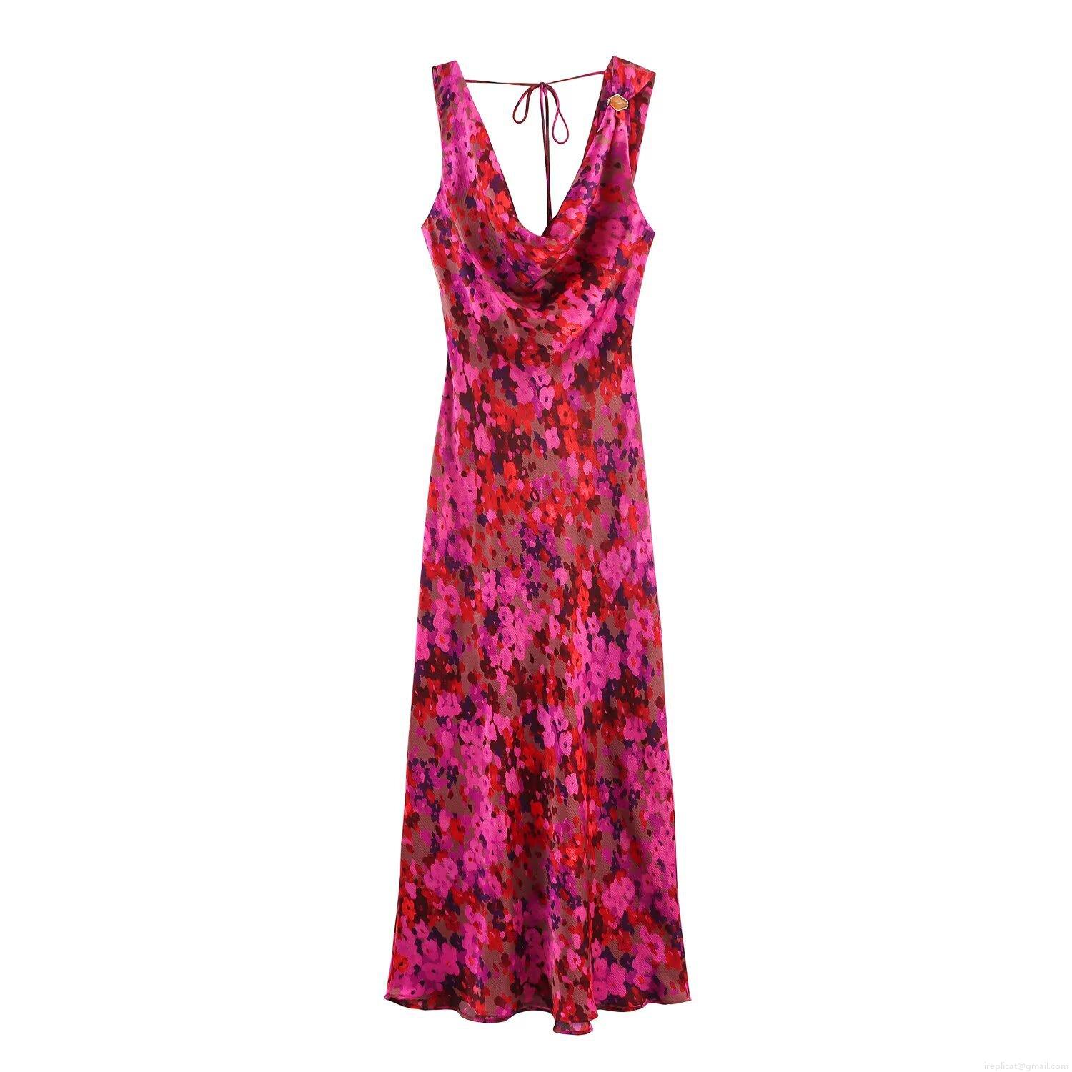 Women Sexy Cowl Neck Backless Floral Print Satin Midi Dress Elegant Lace-up A-Line Sleeveless Party Vacation Long Dresses Women Sexy Cowl Neck Backless Floral Print Satin Midi Dress Elegant Lace-up A-Line Sleeveless Party Vacation Long Dresses
