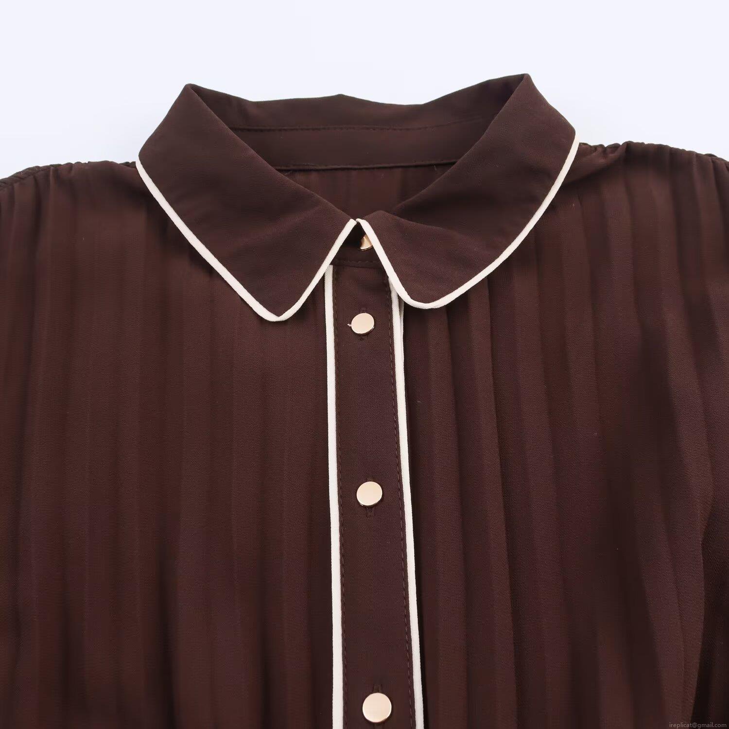 Elegant Women\'s Pleated Midi Dress Long Sleeve Polyester Chiffon Shirt Collar Dress With Belt Contrast Piping Design Solid Coffee Office Commute Dress