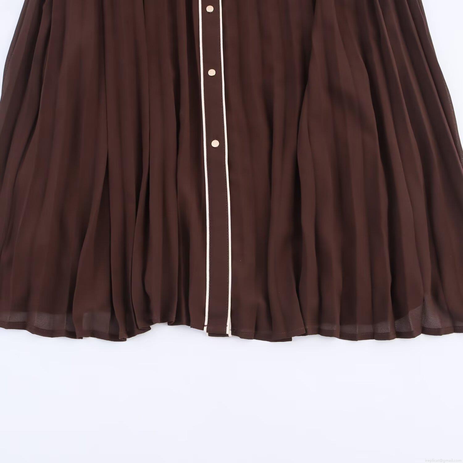 Elegant Women\'s Pleated Midi Dress Long Sleeve Polyester Chiffon Shirt Collar Dress With Belt Contrast Piping Design Solid Coffee Office Commute Dress