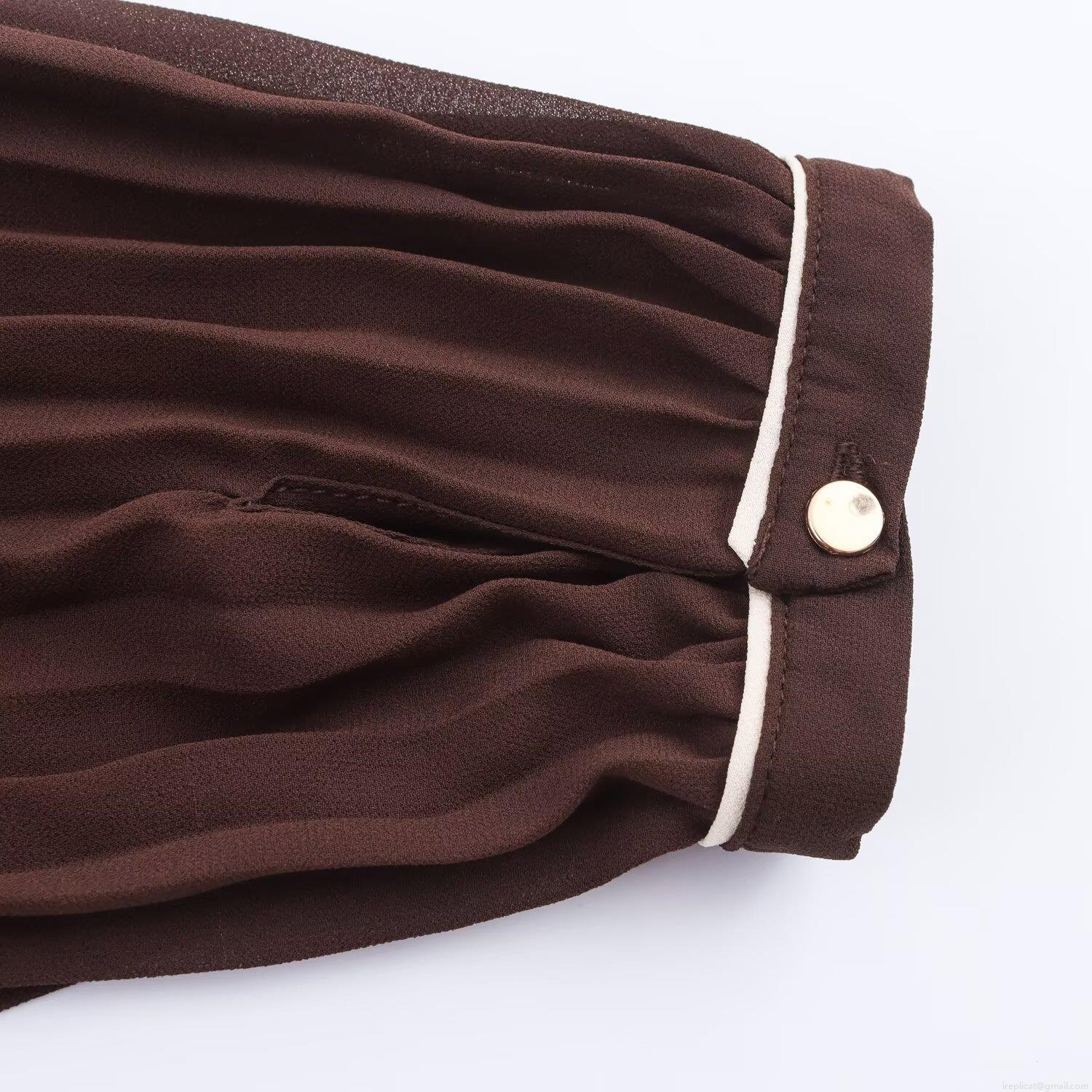 Elegant Women\'s Pleated Midi Dress Long Sleeve Polyester Chiffon Shirt Collar Dress With Belt Contrast Piping Design Solid Coffee Office Commute Dress