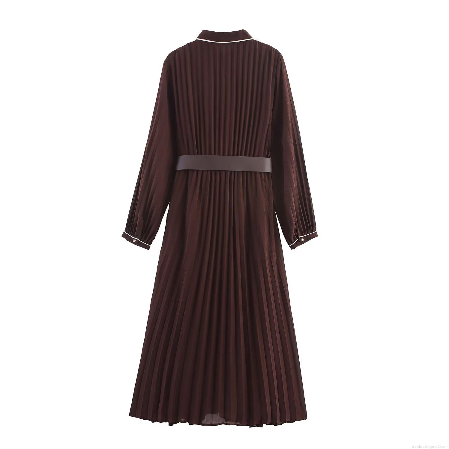 Elegant Women\'s Pleated Midi Dress Long Sleeve Polyester Chiffon Shirt Collar Dress With Belt Contrast Piping Design Solid Coffee Office Commute Dress