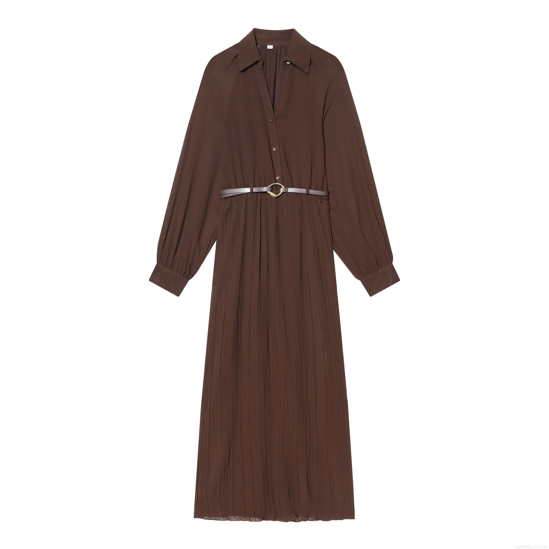 Women's Elegant Deep Brown Pleated Midi Dress With Metal Buckle Belt Long Sleeve Shirt Collar Polyester Chiffon Solid Color High Waist Dress For Party Office Lady Women's Elegant Deep Brown Pleated Midi Dress With Metal Buckle Belt Long Sleeve Shirt Collar Polyester Chiffon Solid Color High Waist Dress For Party Office Lady