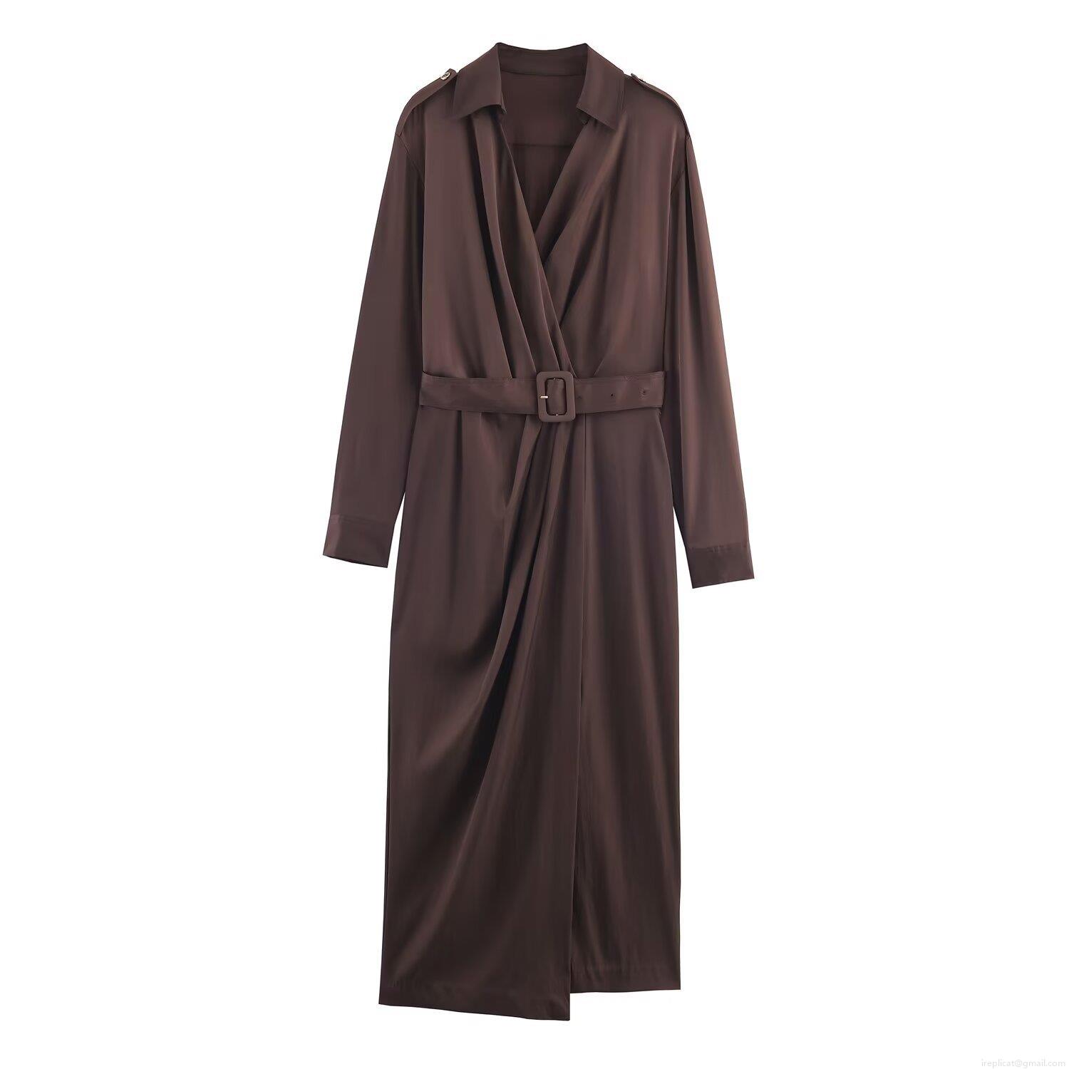 Elegant Chocolate Brown Satin Midi Dress For Women Long Sleeve V Neck Shirt Dress With Belt Autumn Solid Color Asymmetric Lapel Party Gown Office Wear