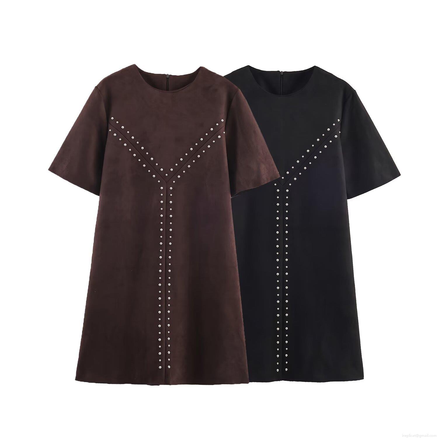 Women's Faux Suede Short Sleeve Dress With Metal Studded Decoration Round Neck A-Line Midi Dress Casual Solid Color Autumn Fashion Party Dress For Women Women's Faux Suede Short Sleeve Dress With Metal Studded Decoration Round Neck A-Line Midi Dress Casual Solid Color Autumn Fashion Party Dress For Women