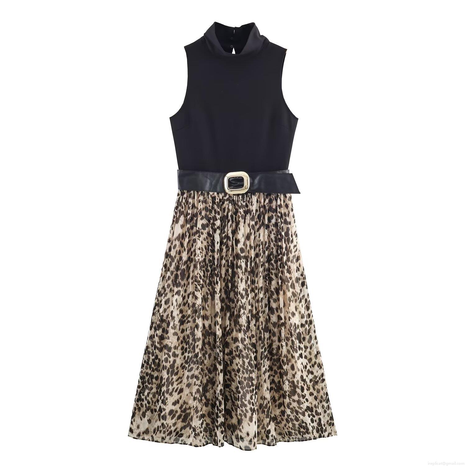 Women Sexy Sleeveless Stand Collar Patchwork Dress Leopard Print Pleated Midi Skirt With Gold Buckle Belt Elegant Evening Party A-Line Dress Women Sexy Sleeveless Stand Collar Patchwork Dress Leopard Print Pleated Midi Skirt With Gold Buckle Belt Elegant Evening Party A-Line Dress