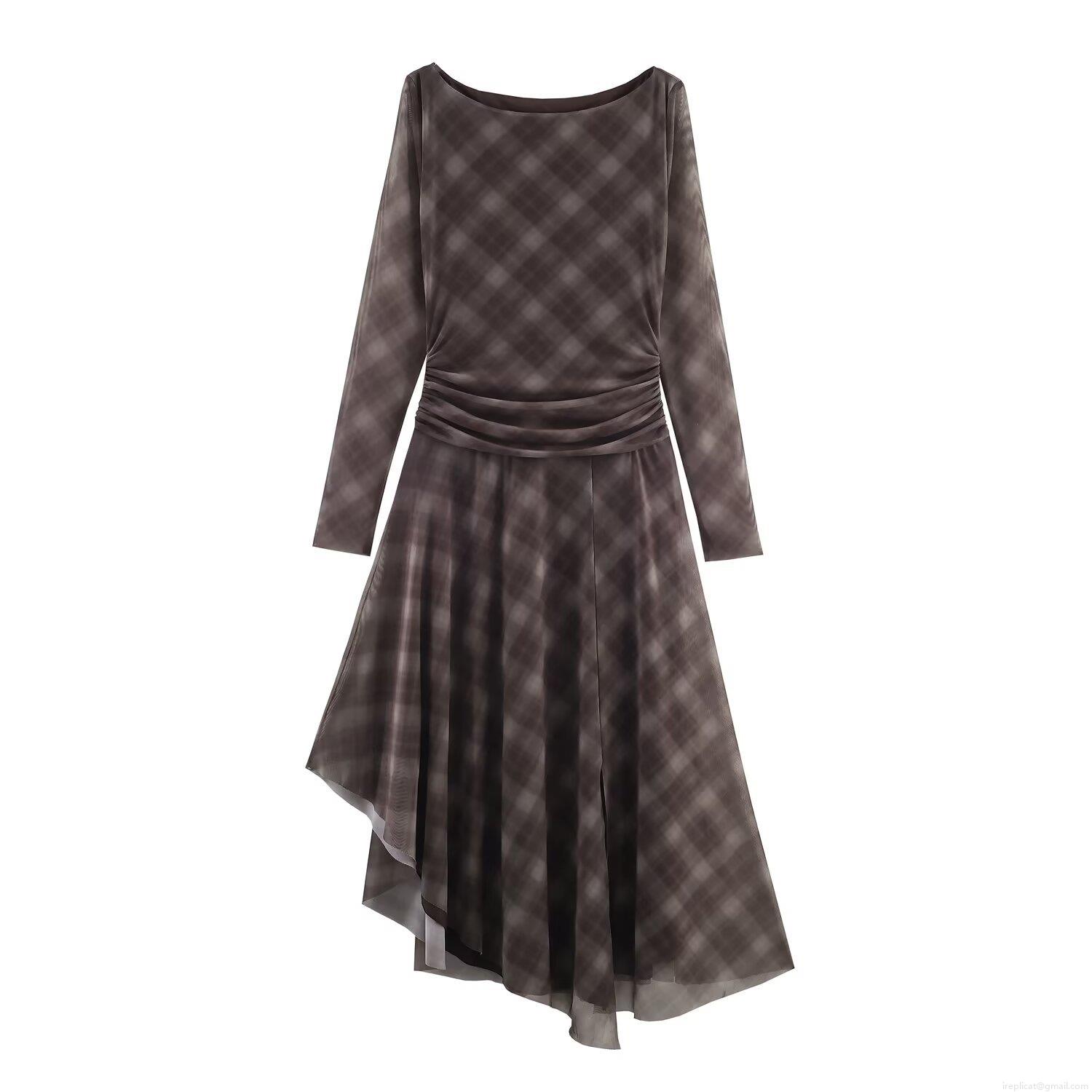 Women's Elegant Plaid Mesh Midi Dress Long Sleeve Round Neck Ruched Asymmetric Hem A-Line Dress Casual Autumn Party Fashion Clothing Women's Elegant Plaid Mesh Midi Dress Long Sleeve Round Neck Ruched Asymmetric Hem A-Line Dress Casual Autumn Party Fashion Clothing