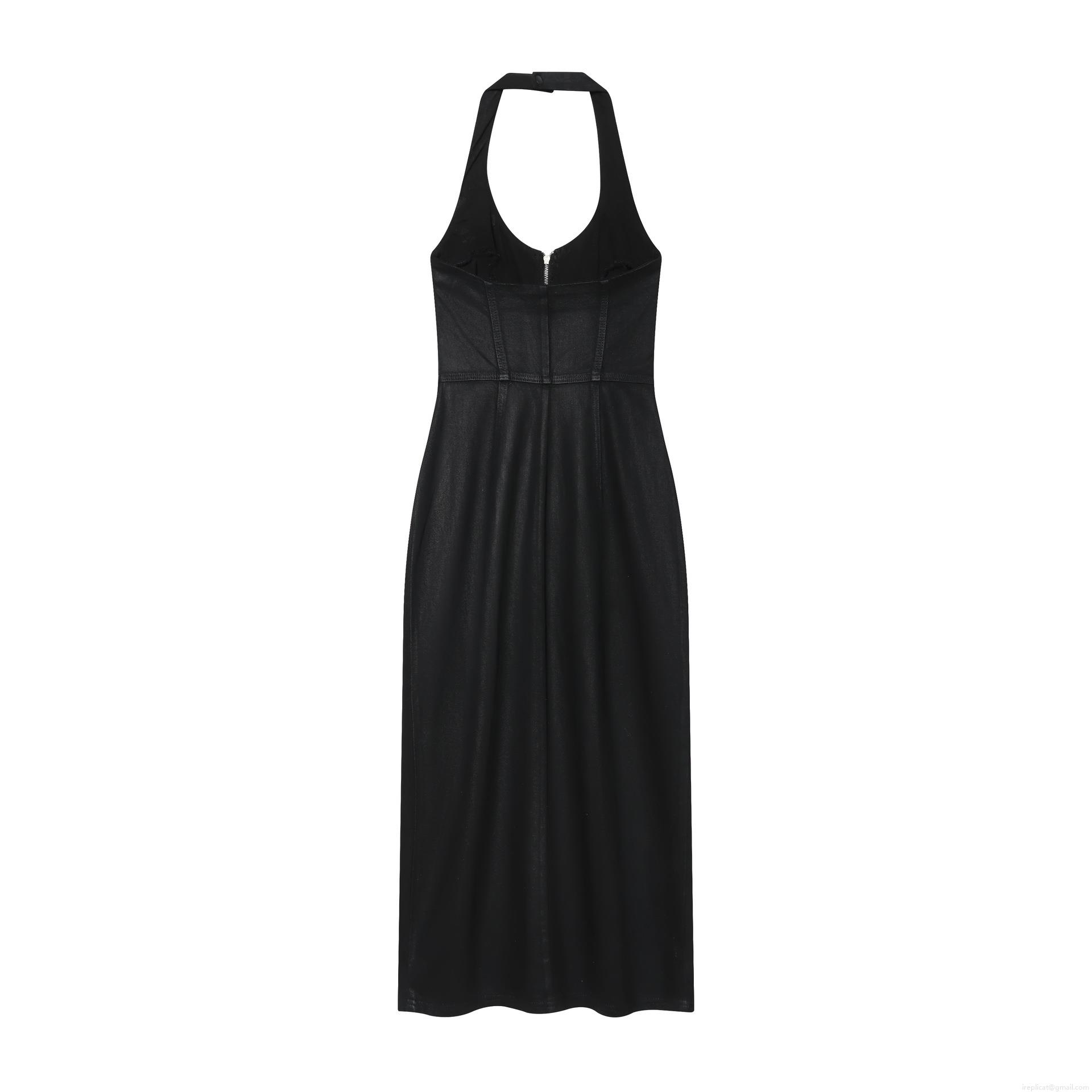 Women Black Halter Denim Bodycon Dress Coated Polyester Slim Fit Backless Midi Dress For Party Elegant Sleeveless Metallic Zipper Clubwear Women Black Halter Denim Bodycon Dress Coated Polyester Slim Fit Backless Midi Dress For Party Elegant Sleeveless Metallic Zipper Clubwear