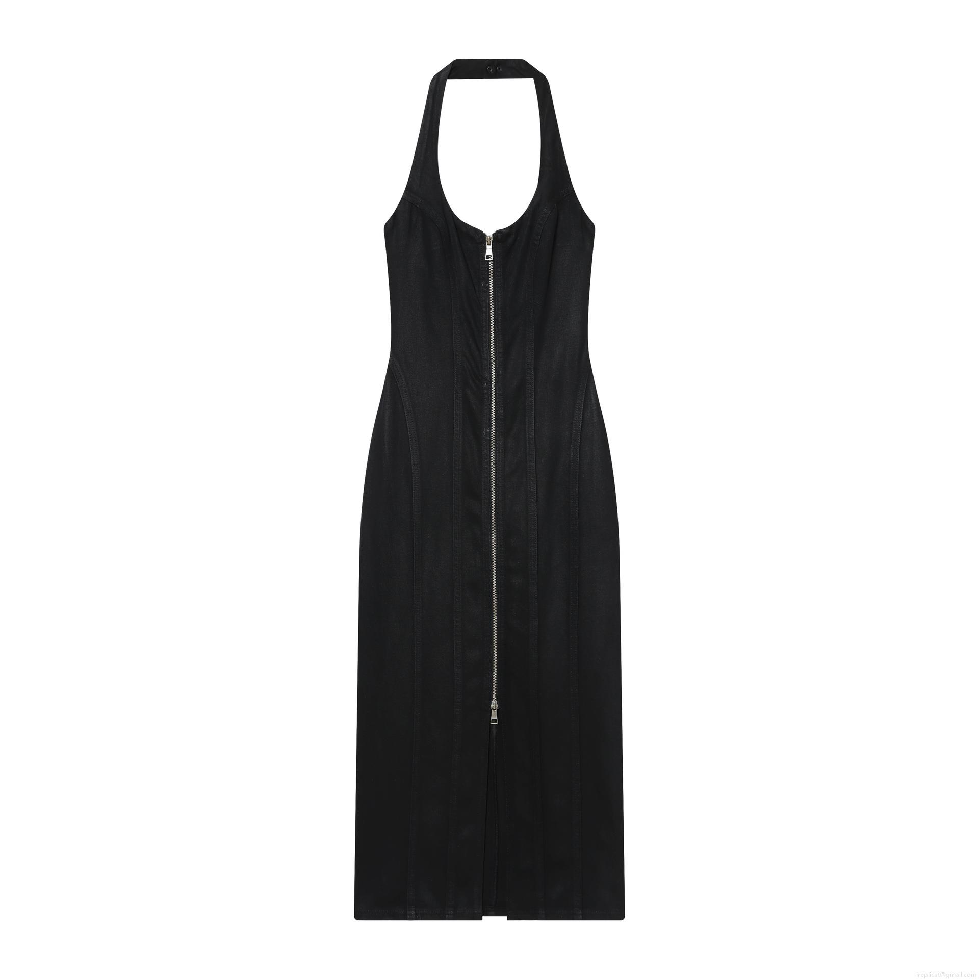 Women Black Halter Denim Bodycon Dress Coated Polyester Slim Fit Backless Midi Dress For Party Elegant Sleeveless Metallic Zipper Clubwear
