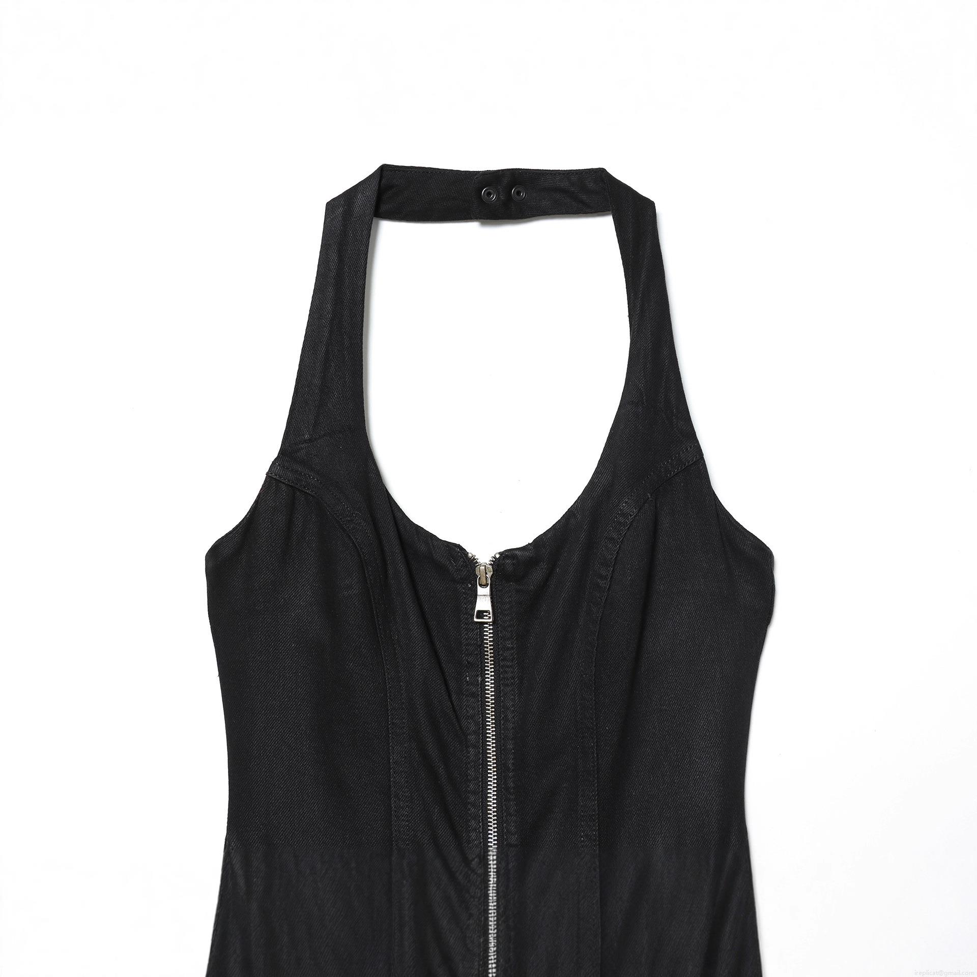Women Black Halter Denim Bodycon Dress Coated Polyester Slim Fit Backless Midi Dress For Party Elegant Sleeveless Metallic Zipper Clubwear