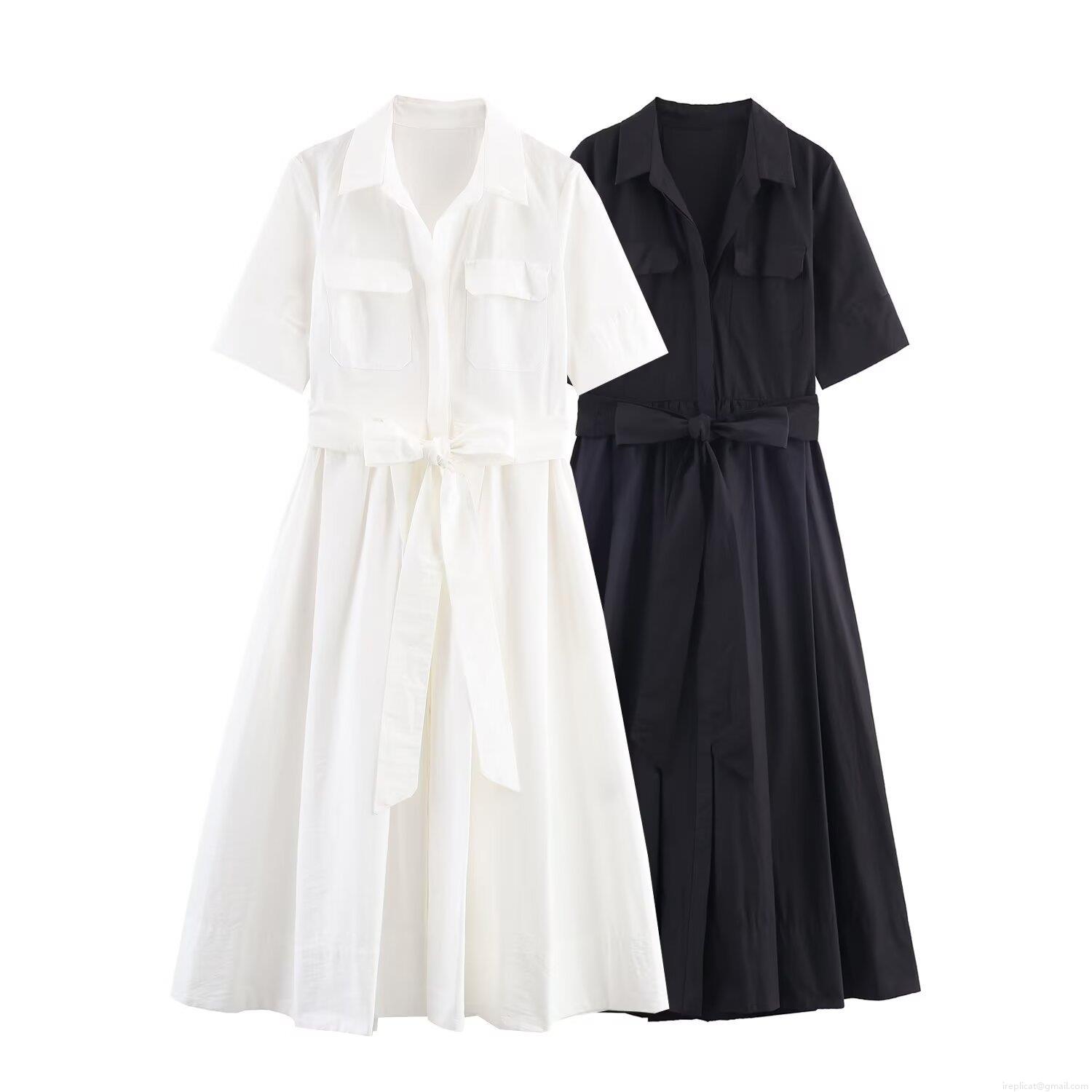 Women\'s Poplin Midi Shirt Dress Short Sleeve Lapel Collar Bow Tie Waistband Double Chest Pockets Button Down A-Line Casual Office Elegant Dress