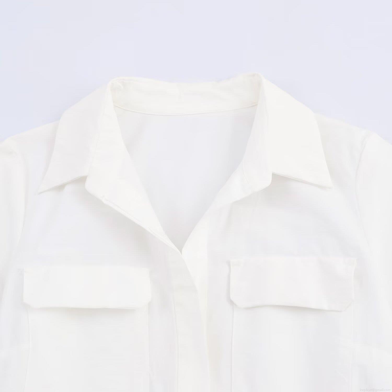 Women\'s Poplin Midi Shirt Dress Short Sleeve Lapel Collar Bow Tie Waistband Double Chest Pockets Button Down A-Line Casual Office Elegant Dress