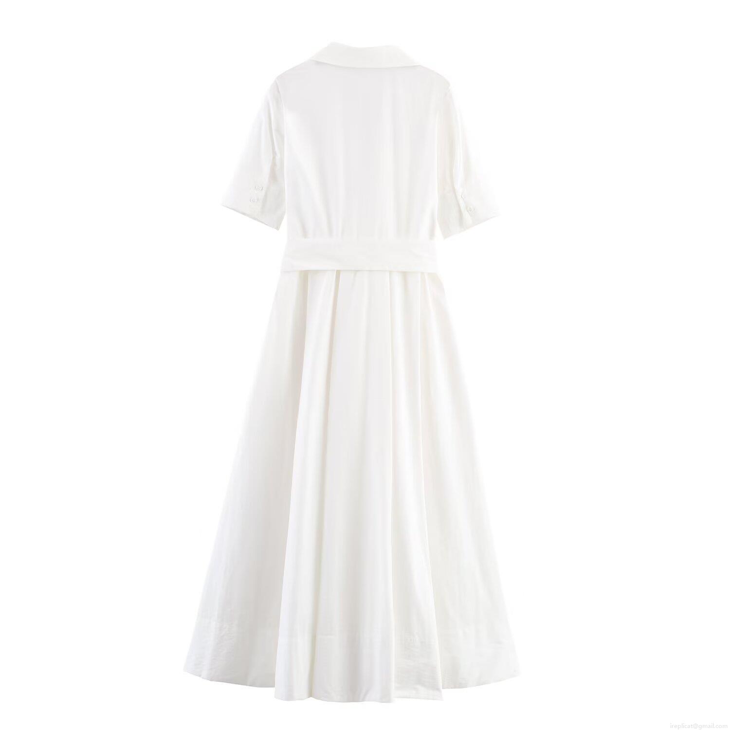 Women\'s Poplin Midi Shirt Dress Short Sleeve Lapel Collar Bow Tie Waistband Double Chest Pockets Button Down A-Line Casual Office Elegant Dress