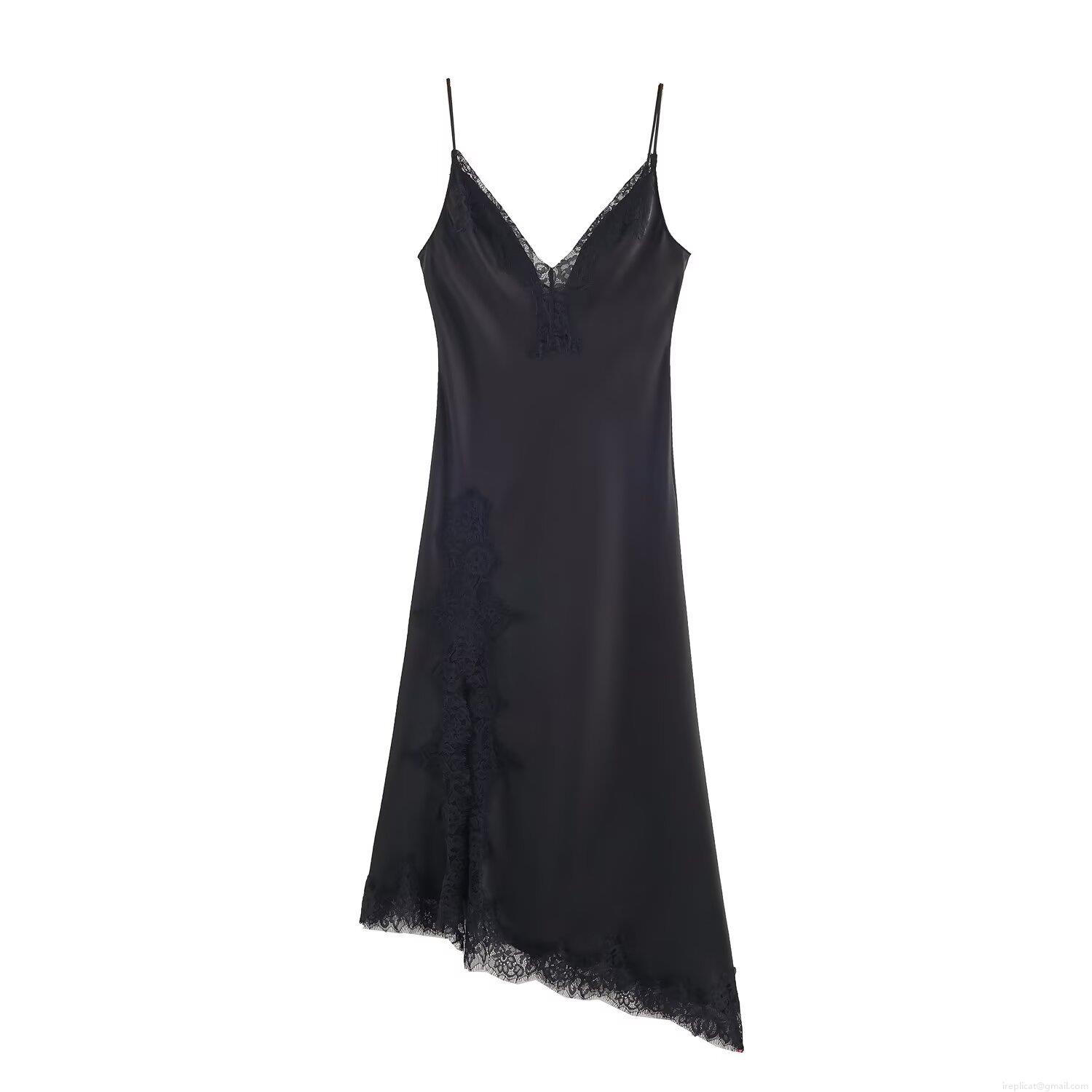 Sexy Black Lace Trimmed Satin Midi Dress For Women V Neck Sleeveless Backless Sling A-Line Party Evening Clubwear Solid Elegant Slip Dress Sexy Black Lace Trimmed Satin Midi Dress For Women V Neck Sleeveless Backless Sling A-Line Party Evening Clubwear Solid Elegant Slip Dress