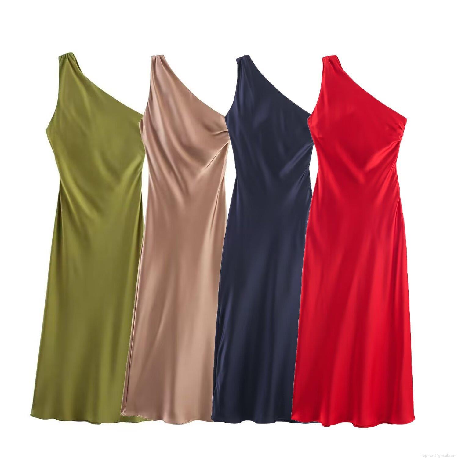 Women Sexy One Shoulder Satin Midi Dress Elegant Asymmetric Cutout Backless Slim Fit Spandex Blend Evening Party Cocktail Gowns Solid Color Women Sexy One Shoulder Satin Midi Dress Elegant Asymmetric Cutout Backless Slim Fit Spandex Blend Evening Party Cocktail Gowns Solid Color
