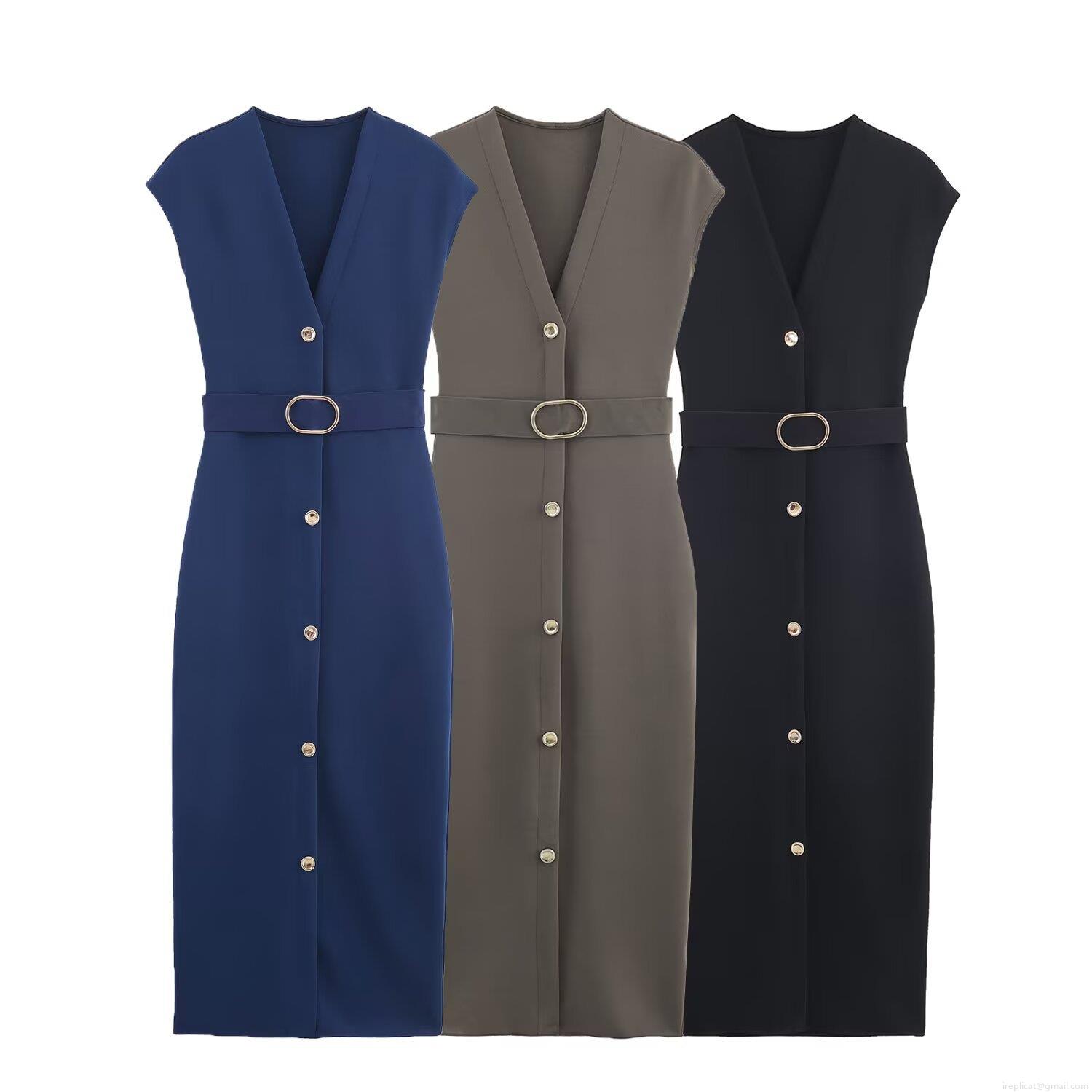 Women Sleeveless V-Neck Midi Dress Polyester Spandex With Metal Buttons Belted Slim Fit Button Up A-Line Dress Office Party Casual Fashion Lady Outfit Women Sleeveless V-Neck Midi Dress Polyester Spandex With Metal Buttons Belted Slim Fit Button Up A-Line Dress Office Party Casual Fashion Lady Outfit